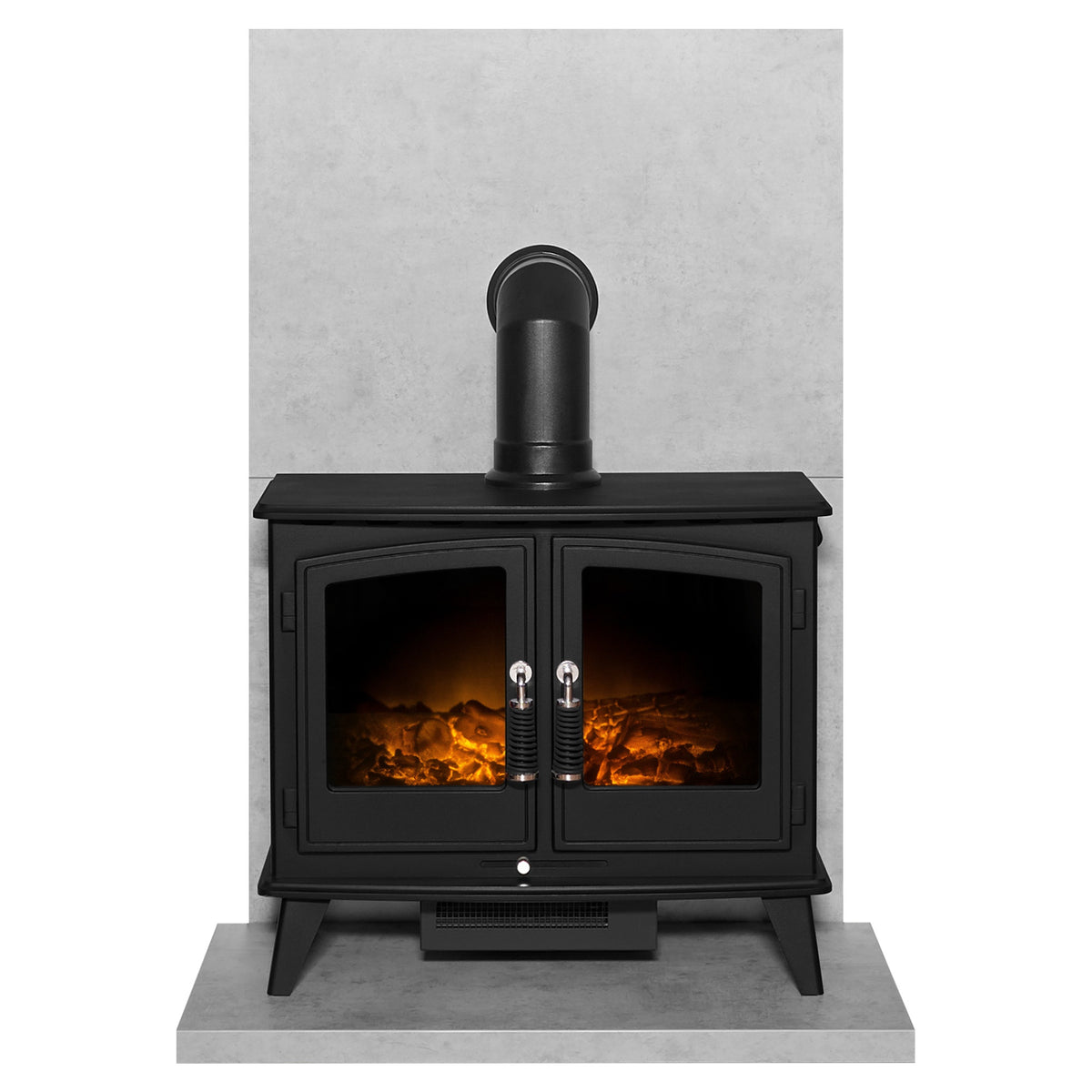 Acantha tile and hearth set in concrete effect with Adam Woodhouse electric stove and angled pipe