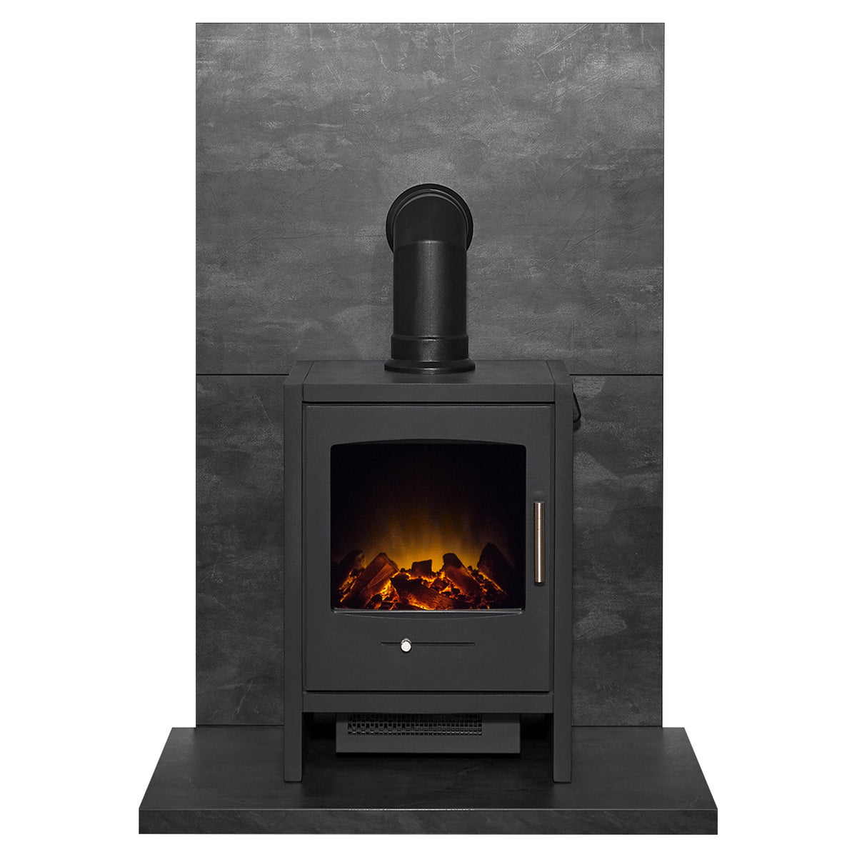 Acantha tile and hearth set in slate Venetian plaster effect with Adam Bergen electric stove and angled pipe