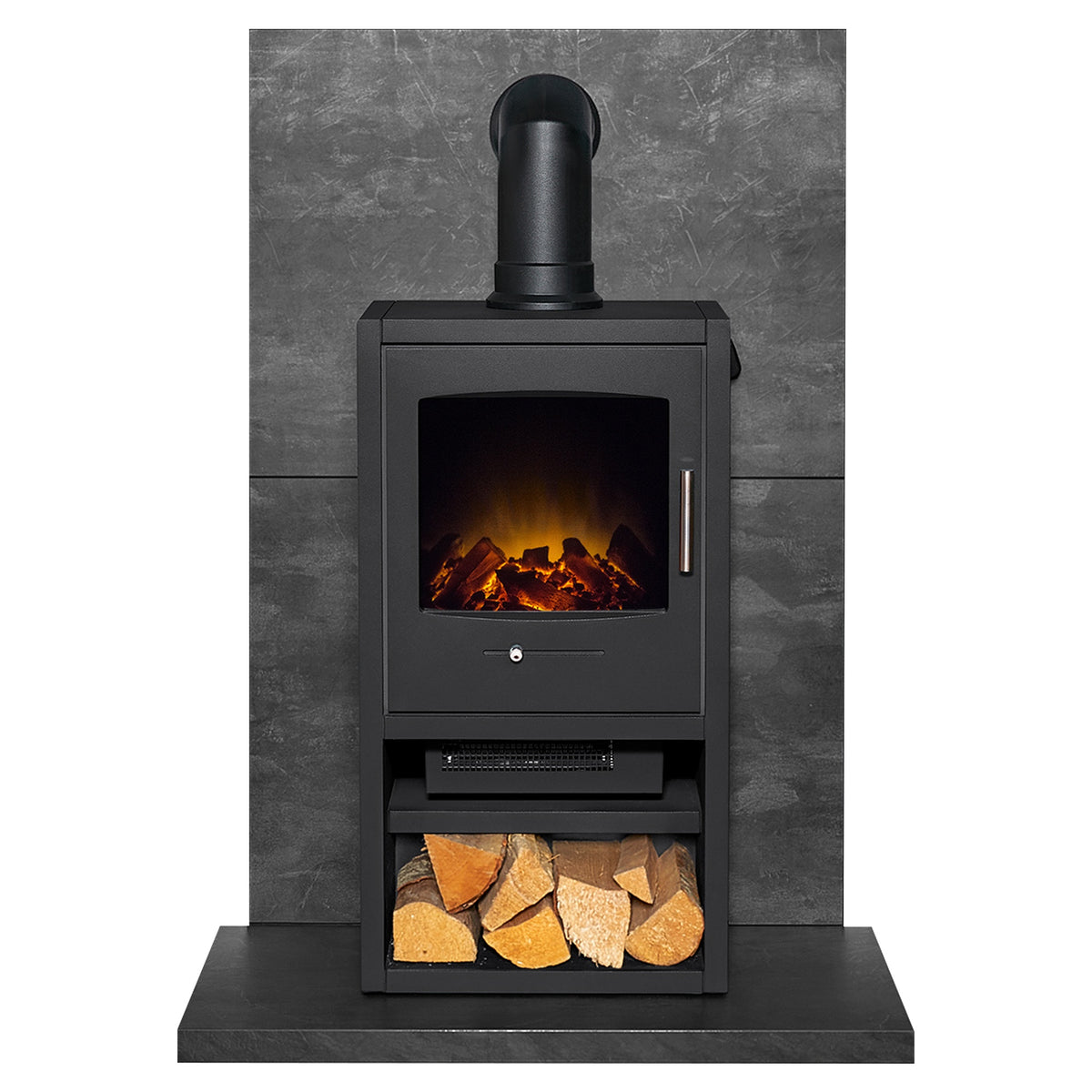 Acantha tile and hearth set in slate Venetian plaster effect with Adam Bergen XL stove and angled pipe