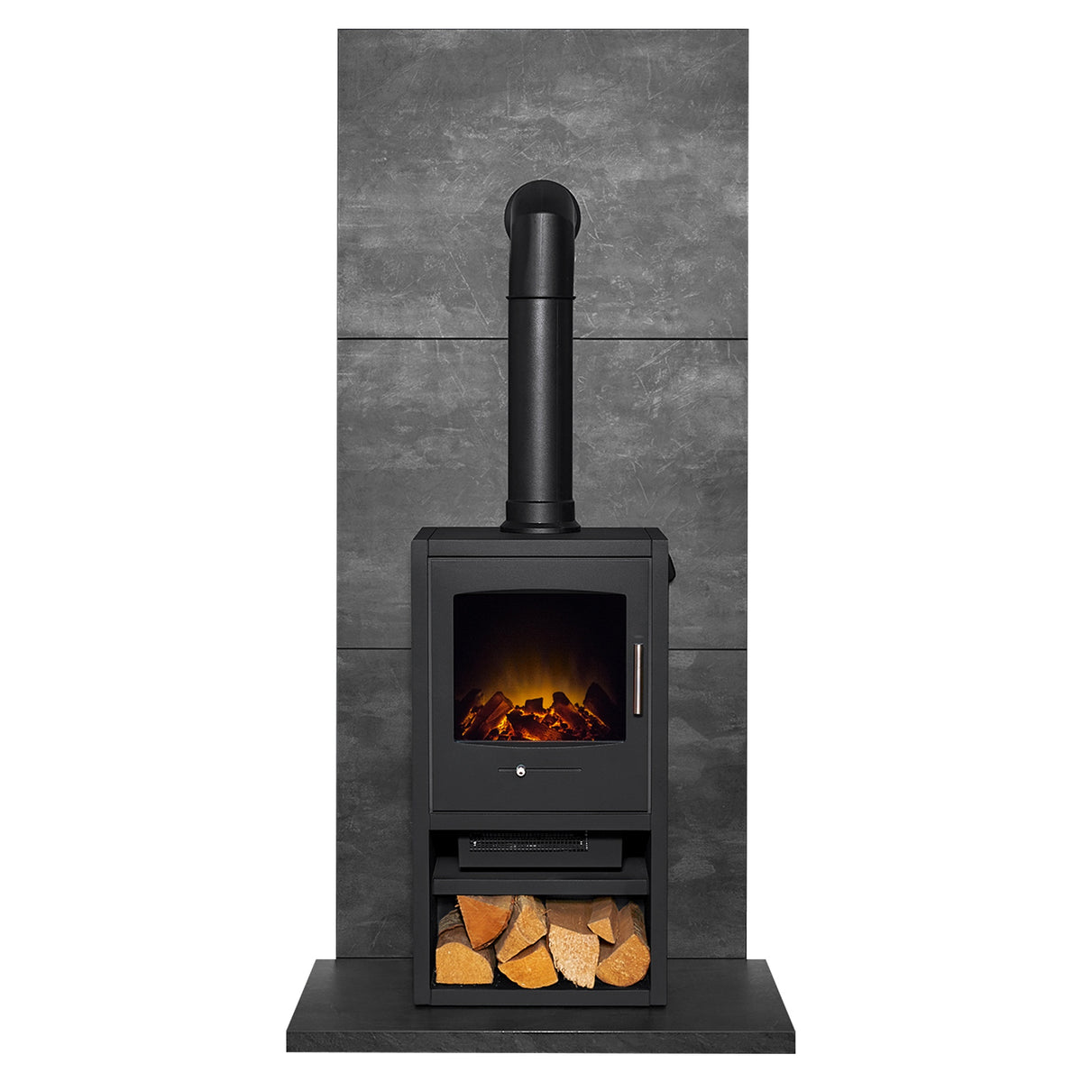 Acantha three tile set in slate Venetian plaster effect with Adam Bergen XL stove and tall angled pipe