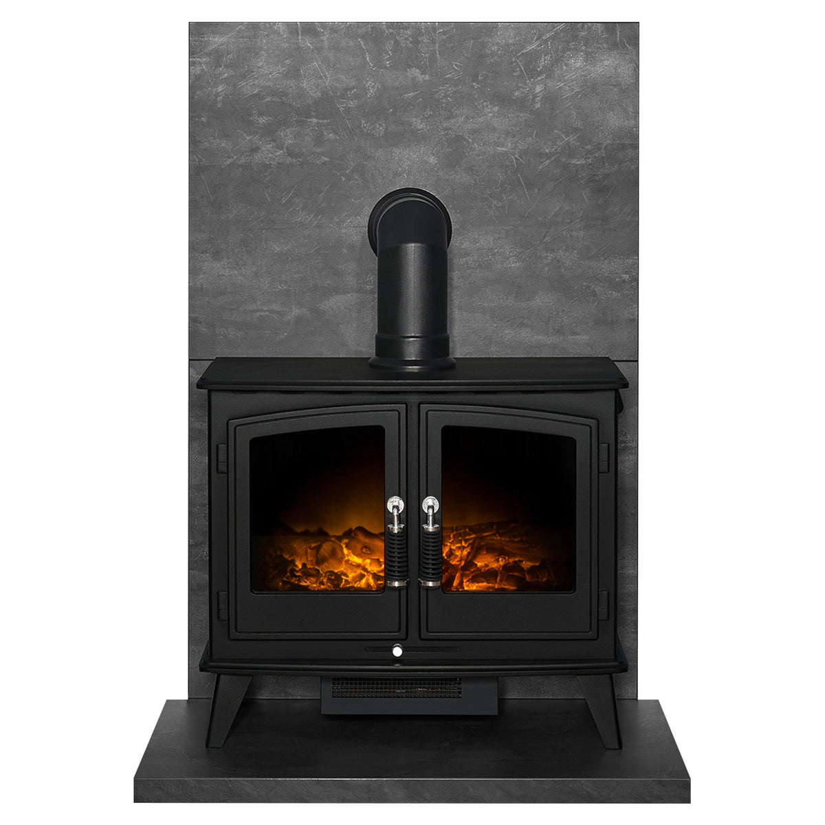 Acantha tile and hearth set in slate Venetian plaster effect with Adam Woodhouse stove and angled pipe