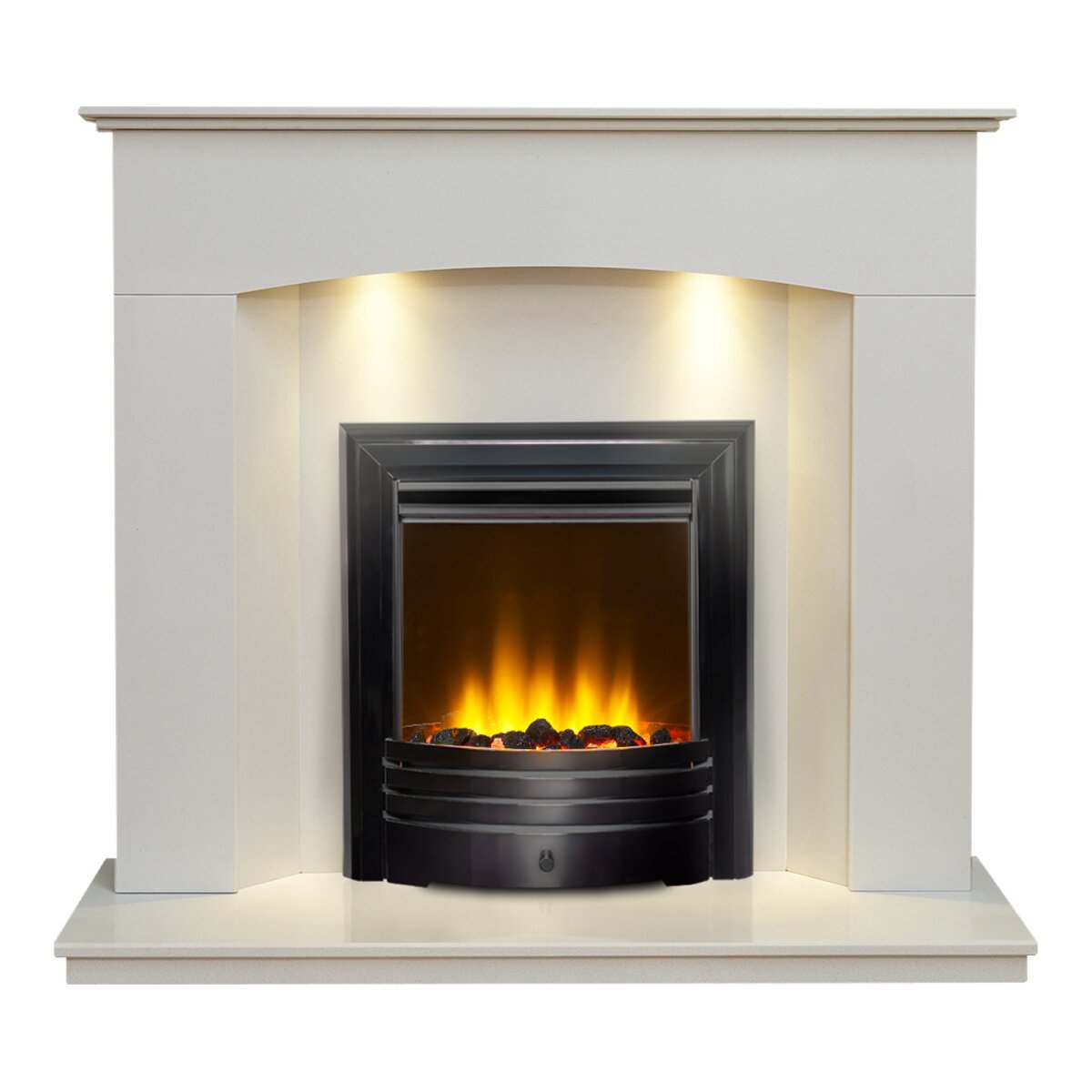 Acantha Tuscon White Marble Fireplace with Downlights, With Amara electric fire in black nickel