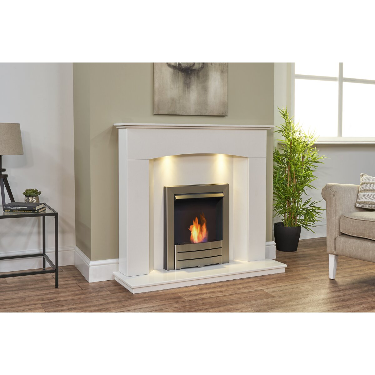 Acantha Tuscon White Marble Fireplace with Downlights, 48 Inch, image 15