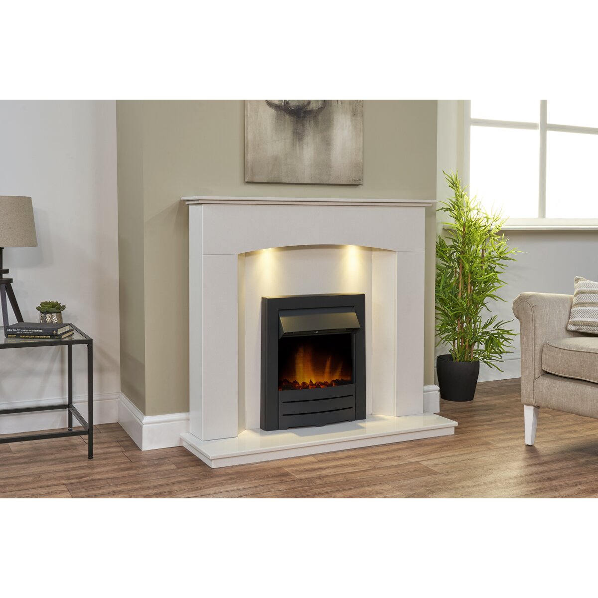 Acantha Tuscon White Marble Fireplace with Downlights, 48 Inch, image 13