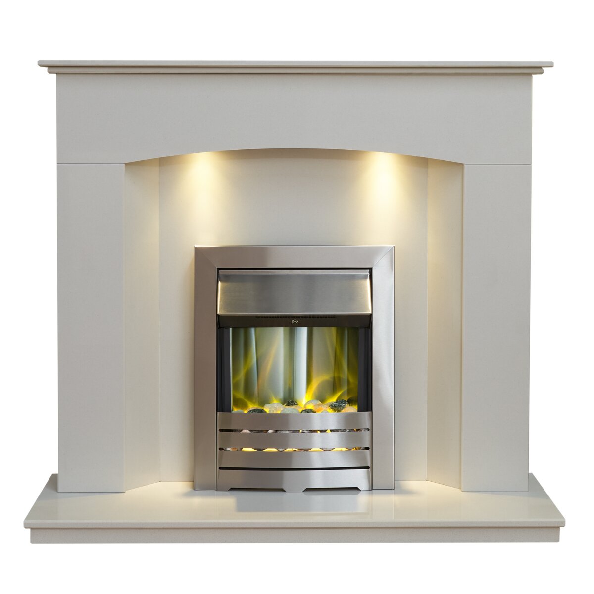 Acantha Tuscon White Marble Fireplace with Downlights, With Helios electric fire in brushed steel