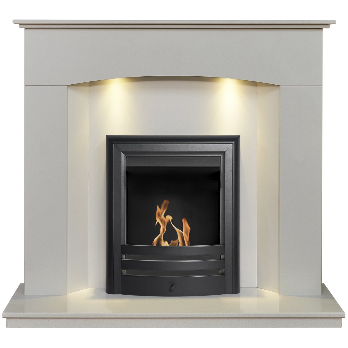 Acantha Tuscon White Marble Fireplace with Downlights, With Vela bioethanol fire in matte black