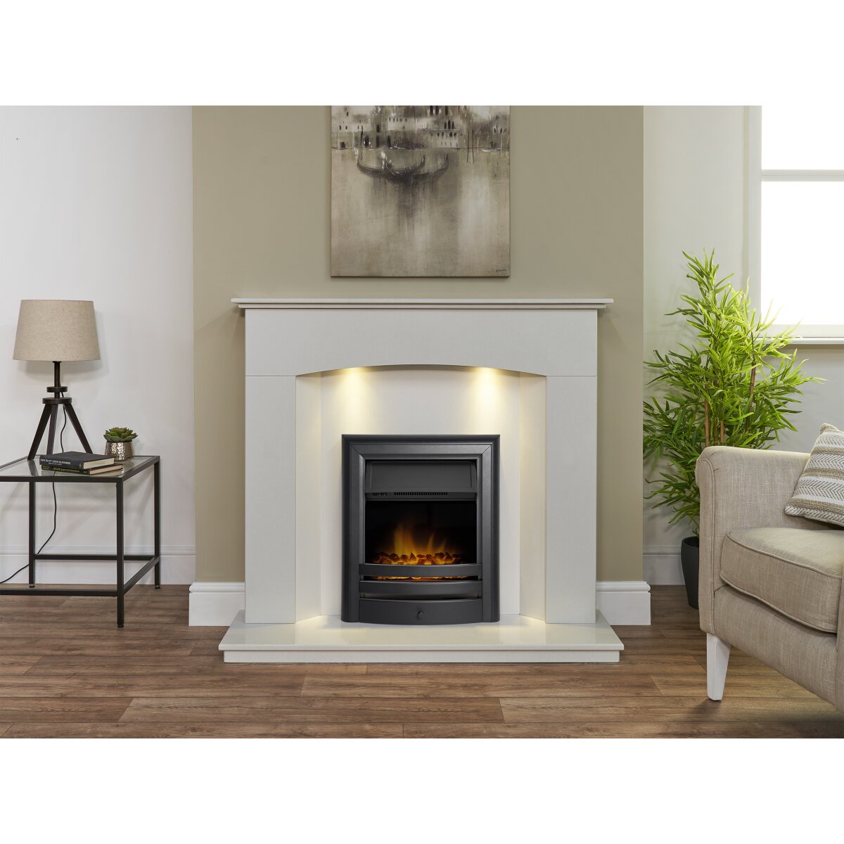 Acantha Tuscon White Marble Fireplace with Downlights, 48 Inch, image 21