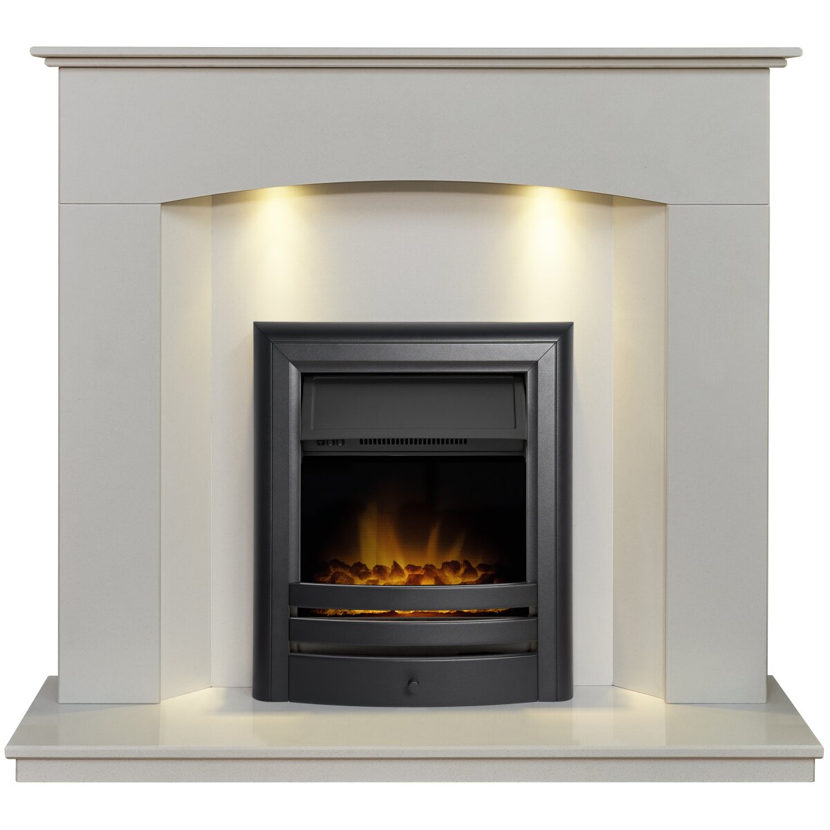 Acantha Tuscon White Marble Fireplace with Downlights, With Vela electric fire in matte black