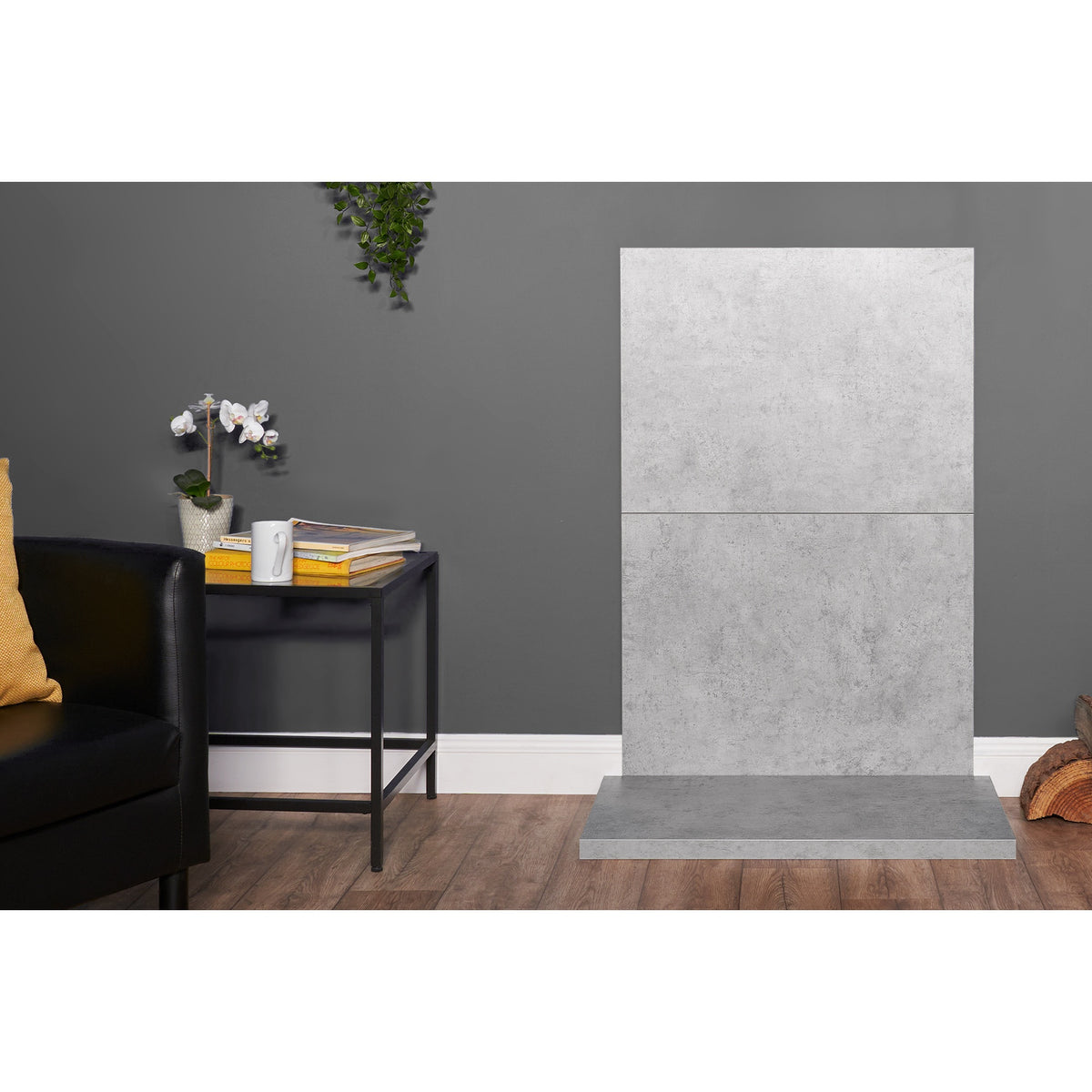 Acantha two tile and hearth set in concrete effect in a living room