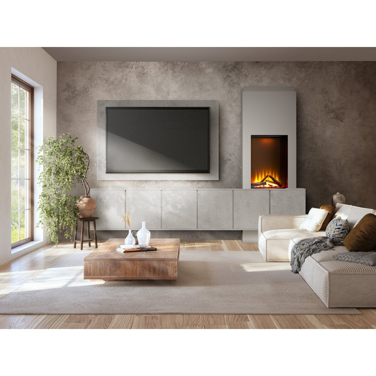 Acantha Zodiac Portrait Electric Media Wall with Storage Cupboards, Concrete Effect / 3 Cupboards