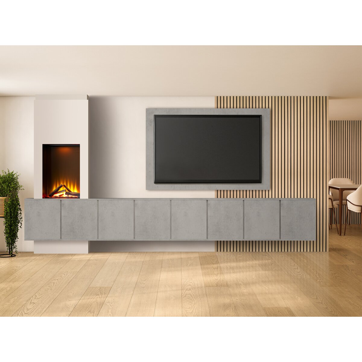 Acantha Zodiac Portrait Electric Media Wall with Storage Cupboards, Concrete Effect / 4 Cupboards