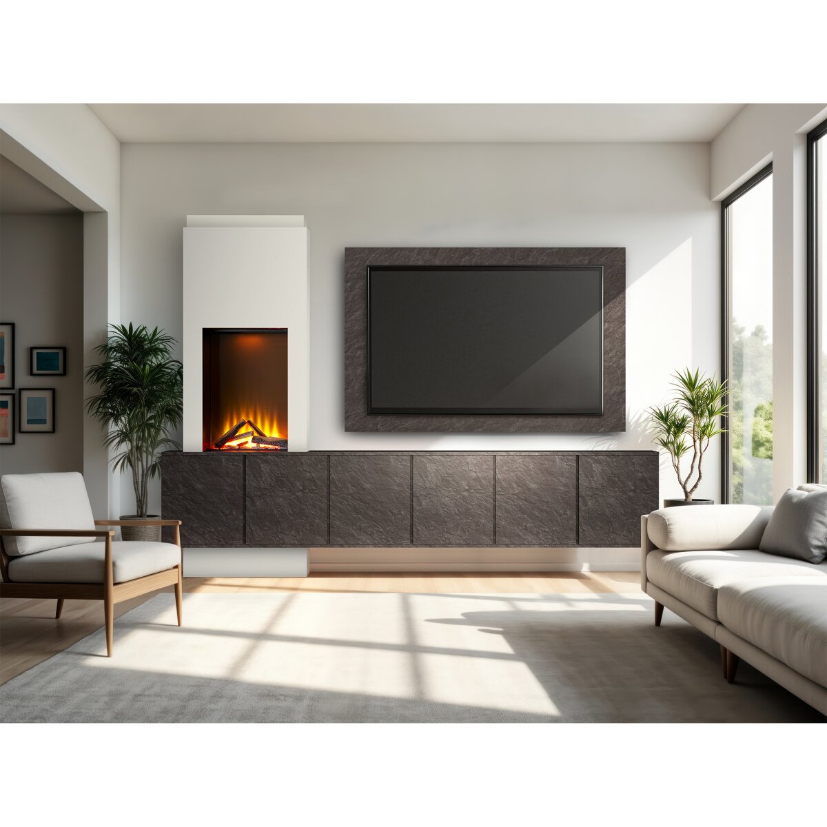 Acantha Zodiac Portrait Electric Media Wall with Storage Cupboards, Slate Effect / 3 Cupboards