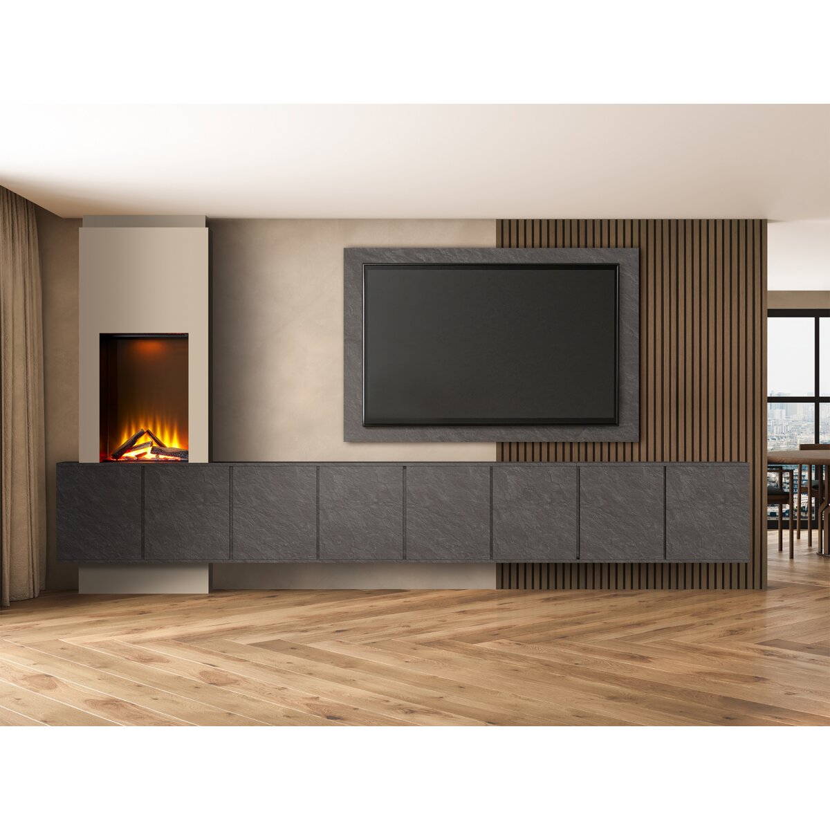 Acantha Zodiac Portrait Electric Media Wall with Storage Cupboards, Slate Effect / 4 Cupboards