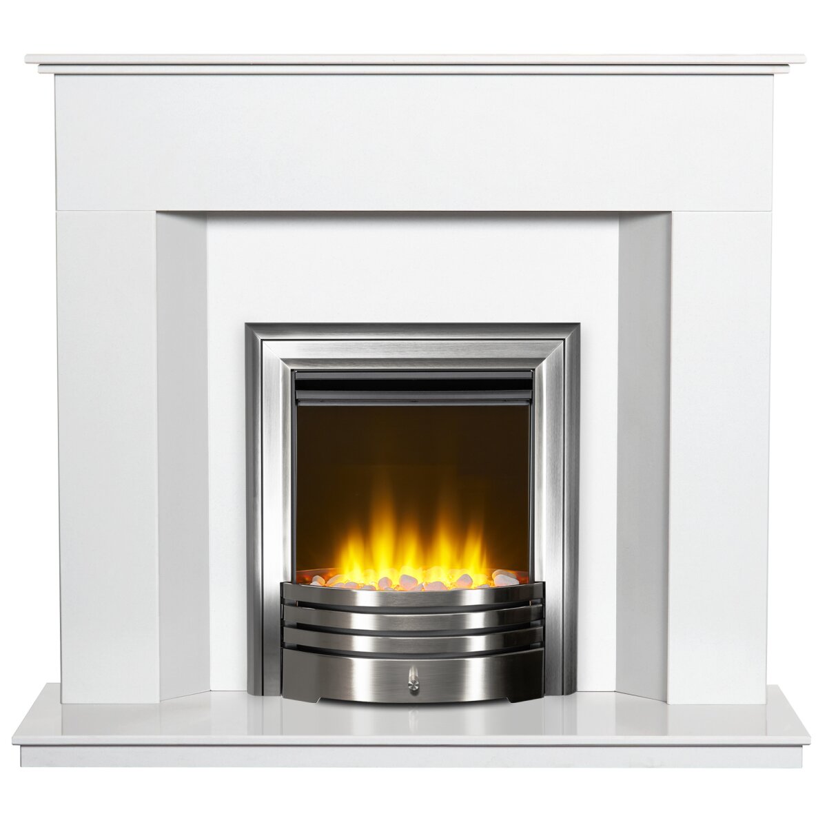 Adam Alora White Marble Fireplace with Downlights, With Amara electric fire in brushed steel