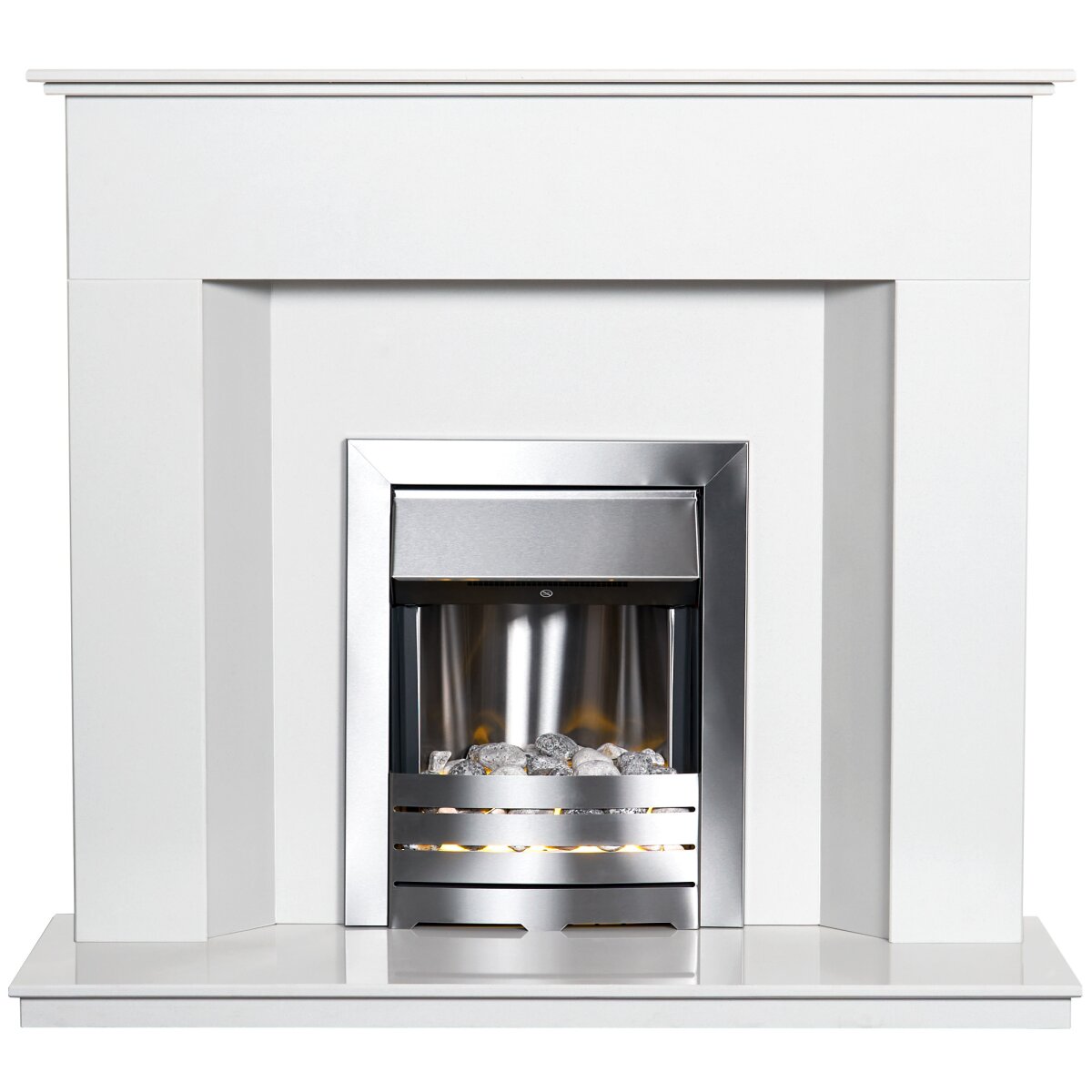 Adam Alora White Marble Fireplace with Downlights, With Helios electric fire in brushed steel