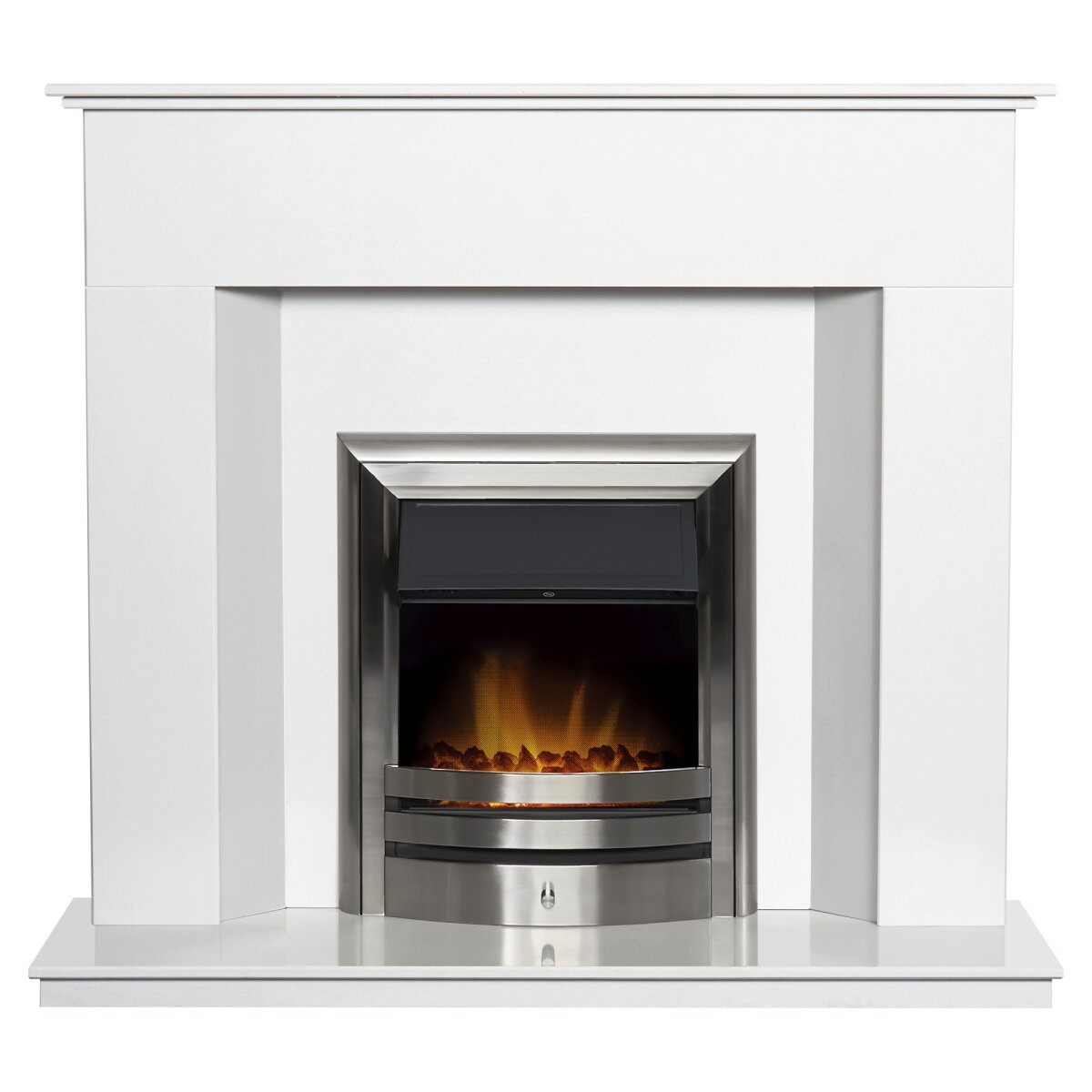 Adam Alora White Marble Fireplace with Downlights, With Vela electric fire in brushed steel