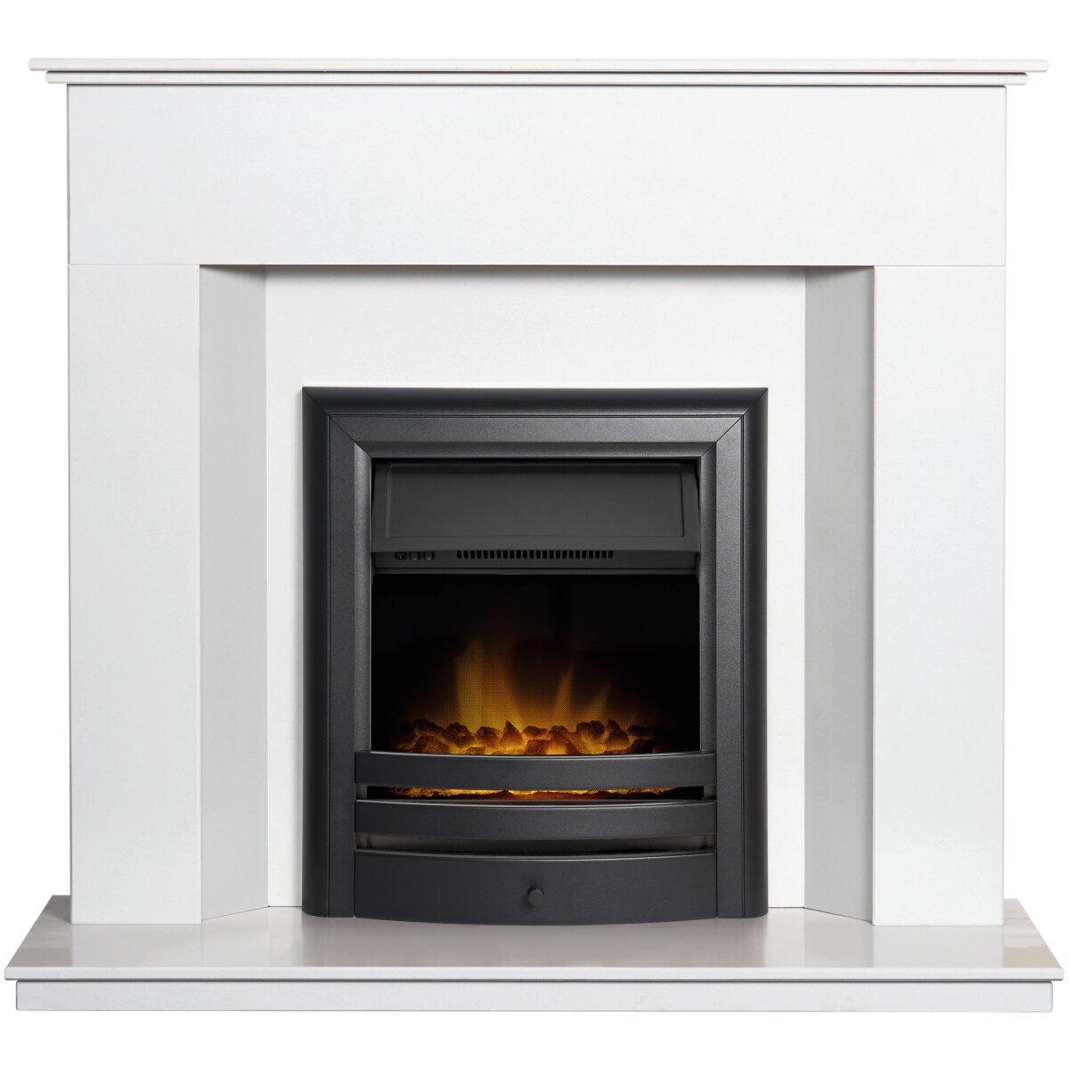 Adam Alora White Marble Fireplace with Downlights, With Vela electric fire in matte black