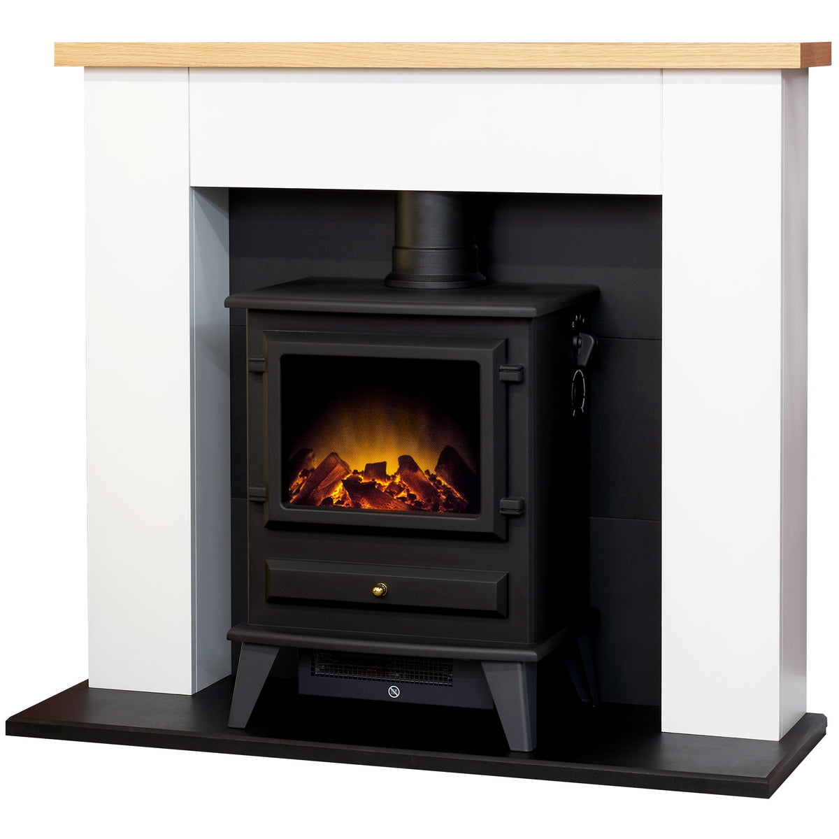 Adam Chester fireplace with Hudson electric stove in black, angled view