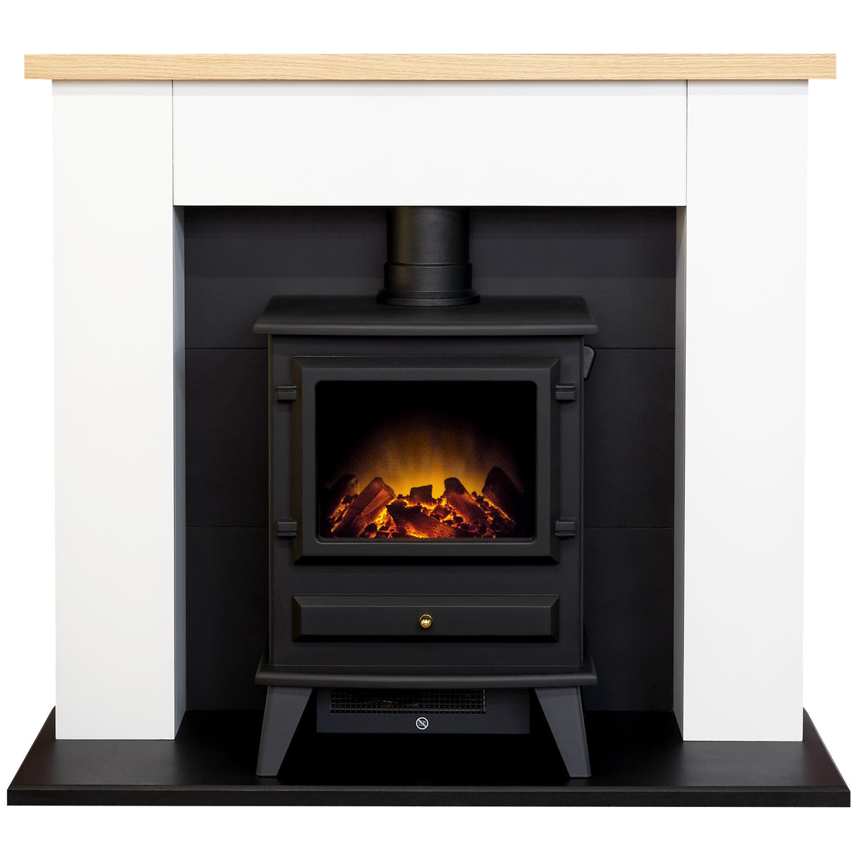 Adam Chester fireplace in pure white and oak with black Hudson electric stove, front view