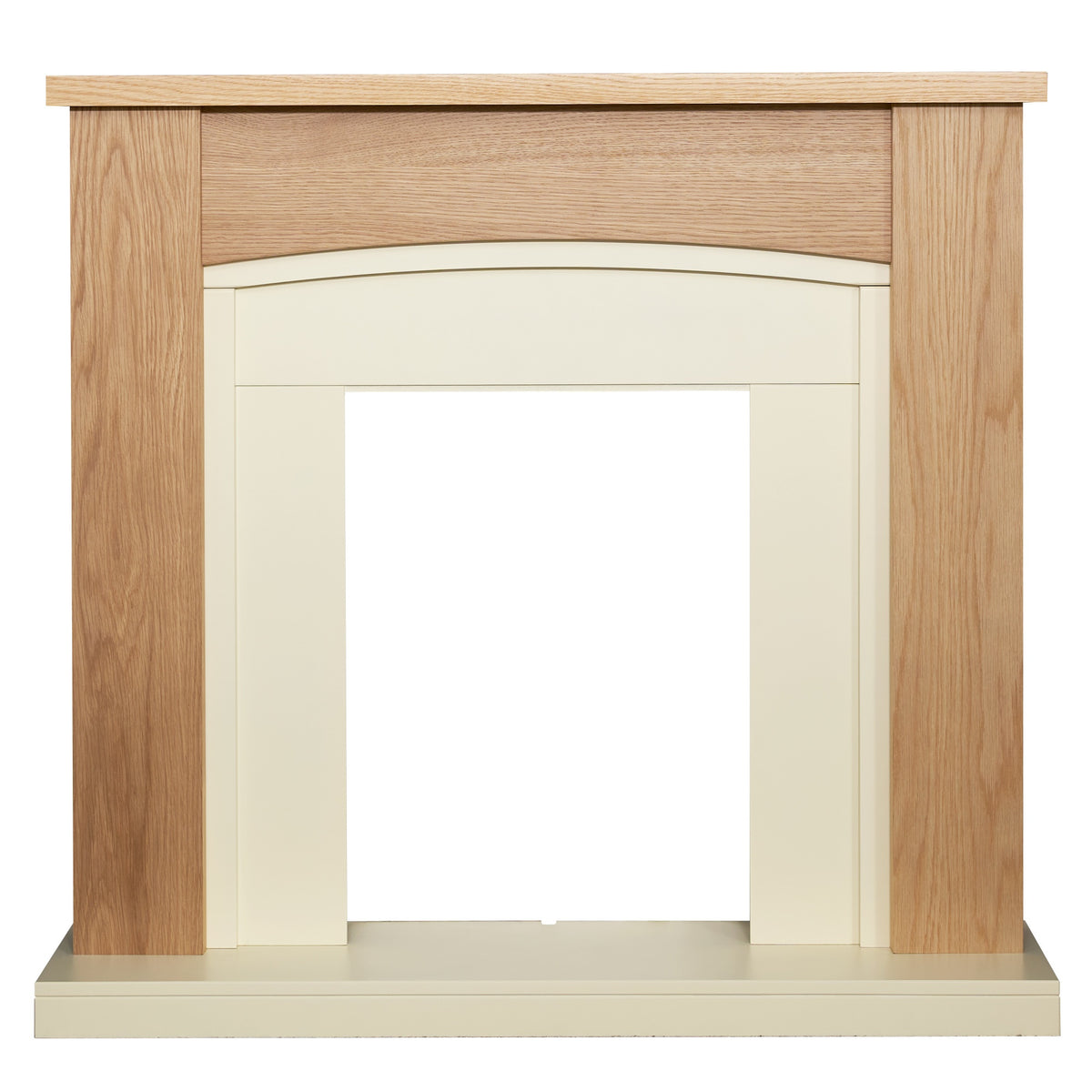 Adam Chilton fireplace surround in oak finish with cream back panel and hearth, front view