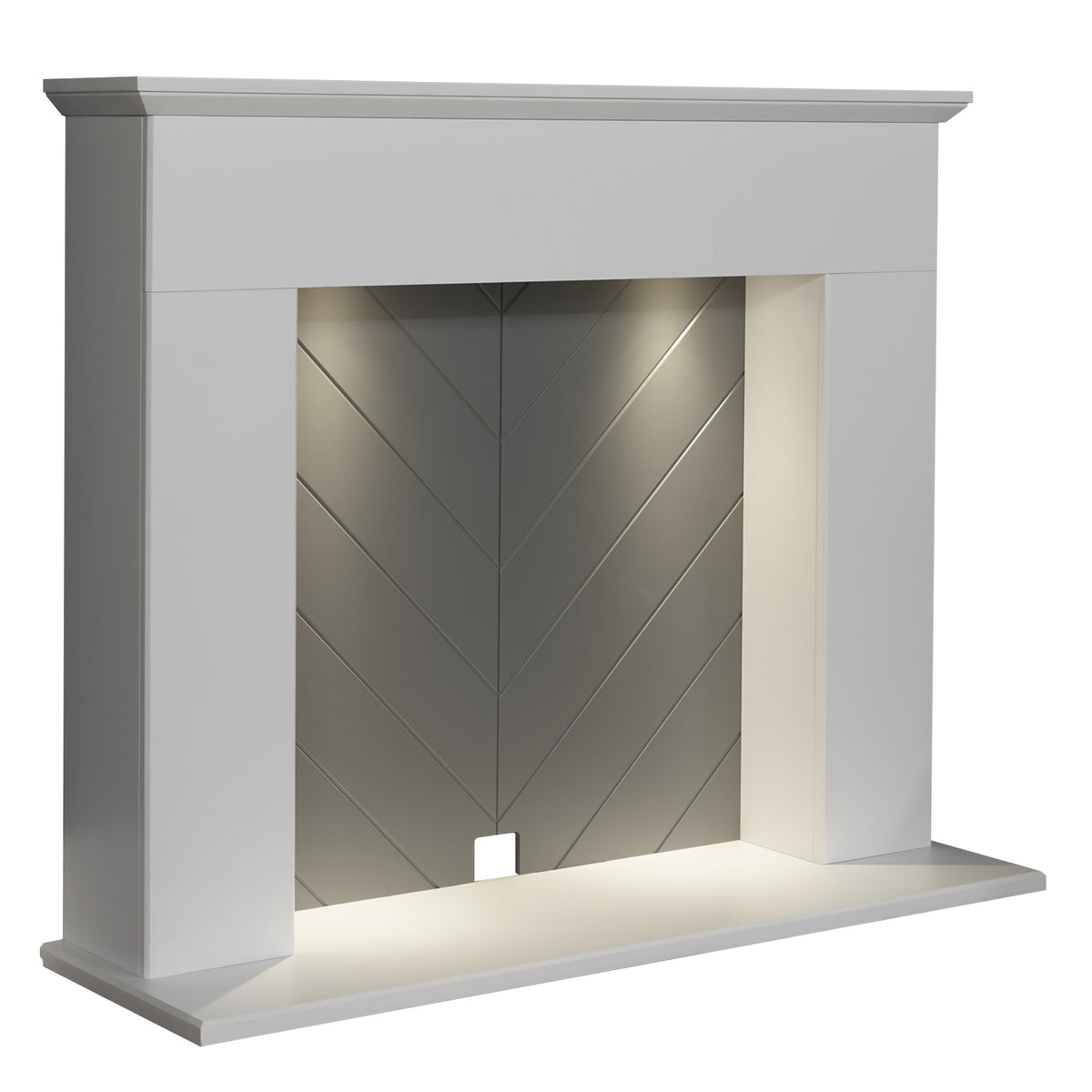 Adam Corinth surround in pure white and grey with downlights on, angled view