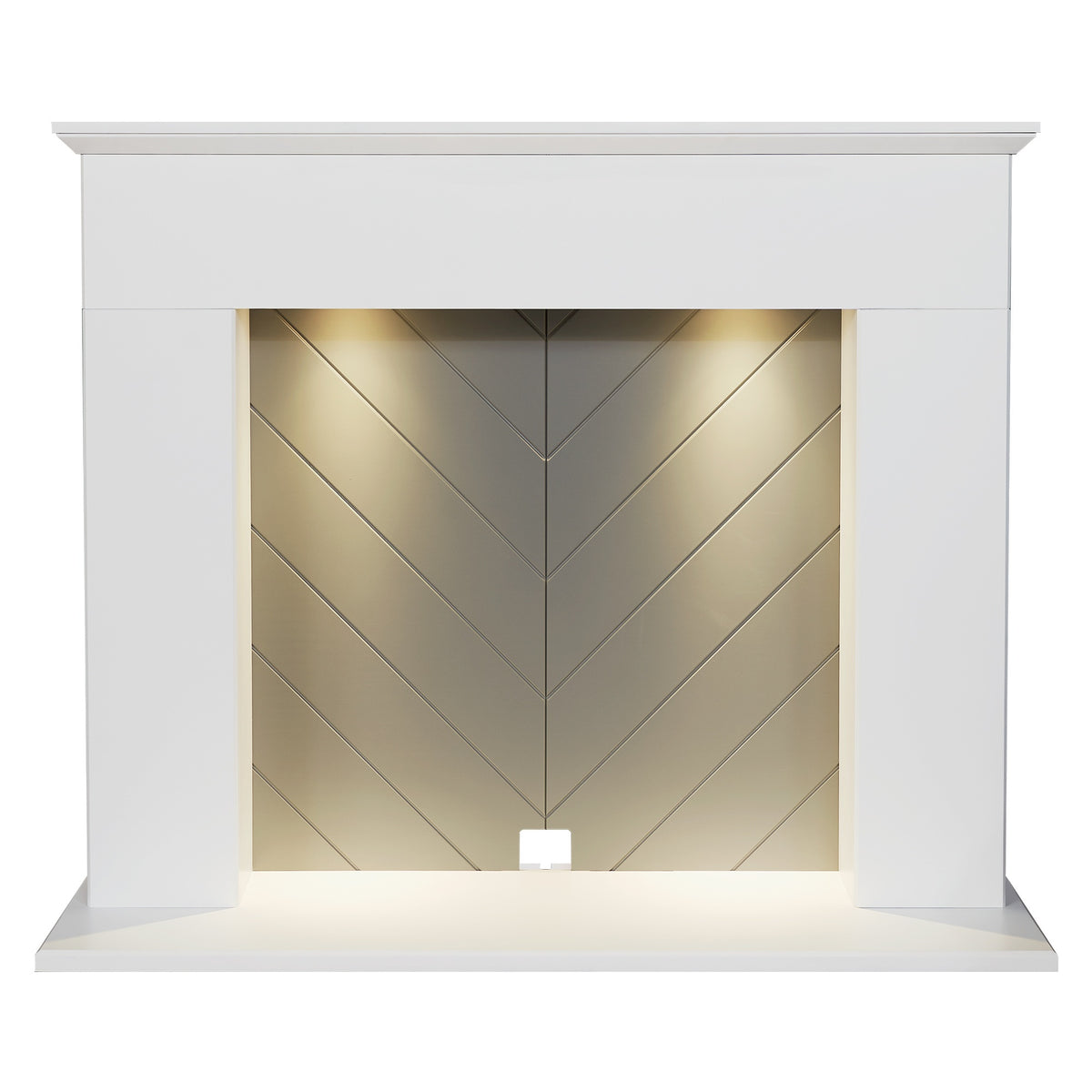 Adam Corinth fireplace surround in pure white and grey with LED downlights on, no stove