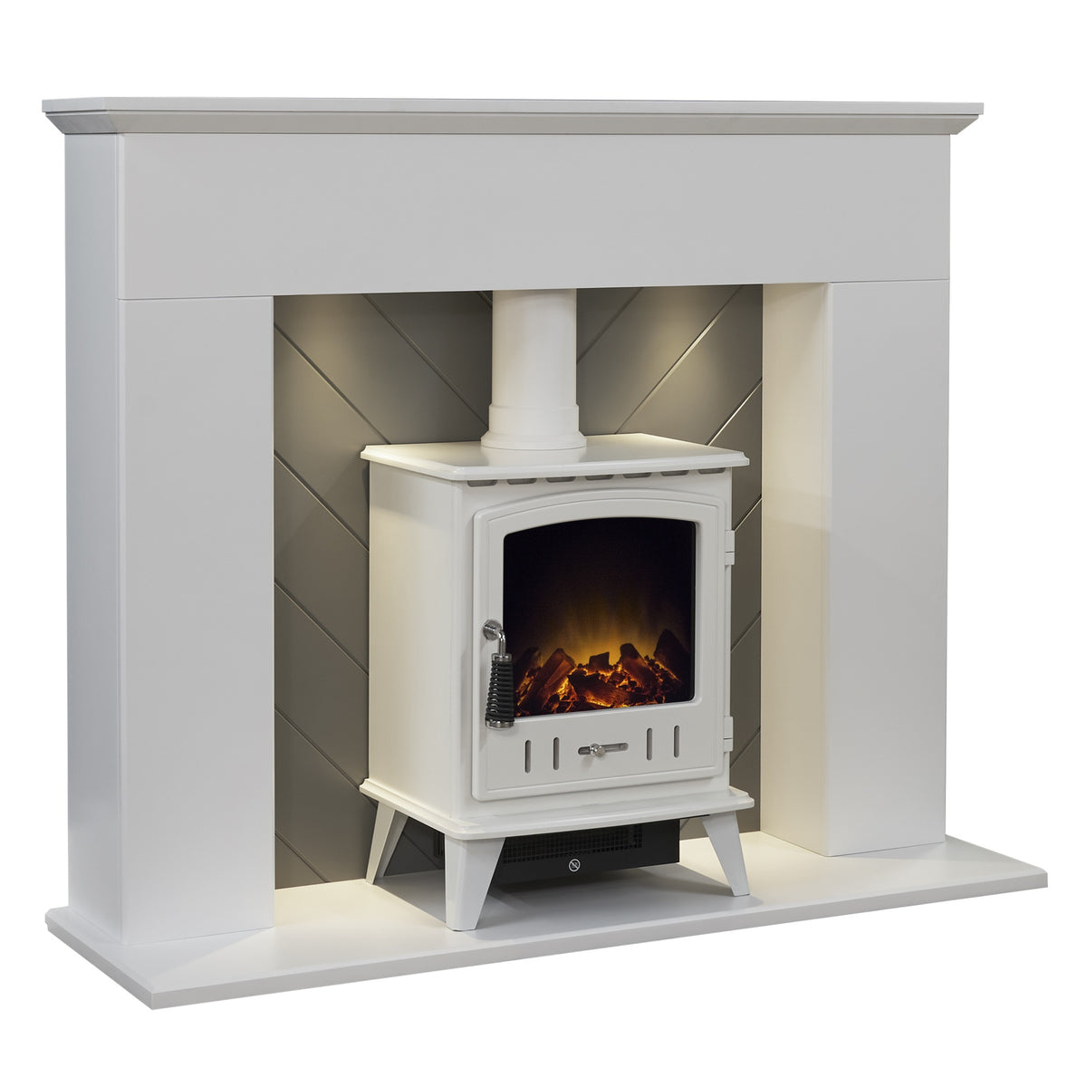 Adam Corinth fireplace with Aviemore electric stove in white, angled view