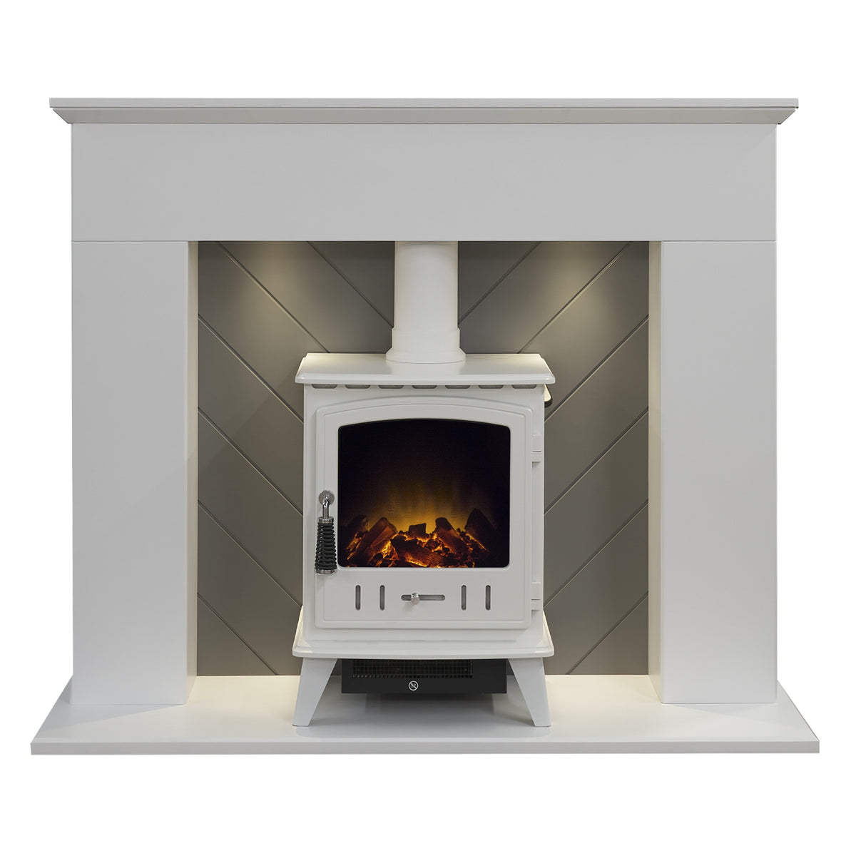 Adam Corinth fireplace with white Adam Aviemore electric stove and pipe, downlights on