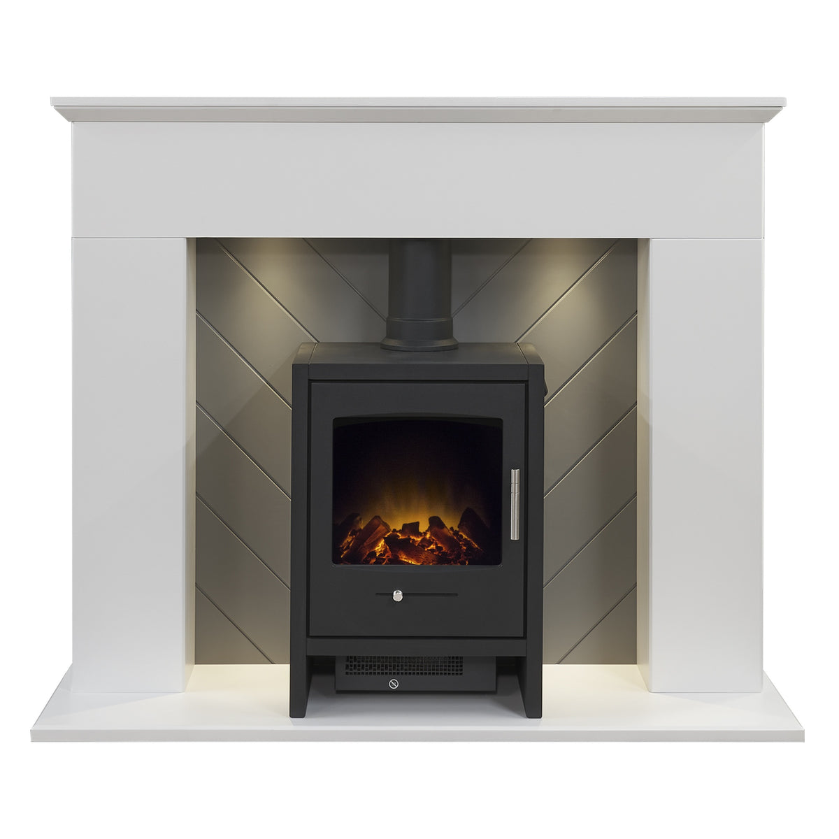 Adam Corinth fireplace with charcoal grey Adam Bergen electric stove and pipe, downlights on