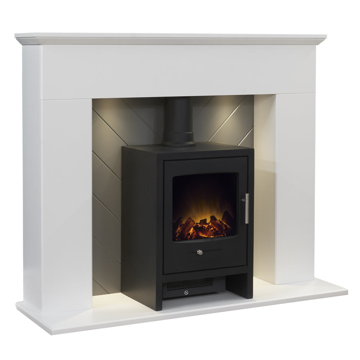 Adam Corinth fireplace with Bergen electric stove in charcoal grey, angled view