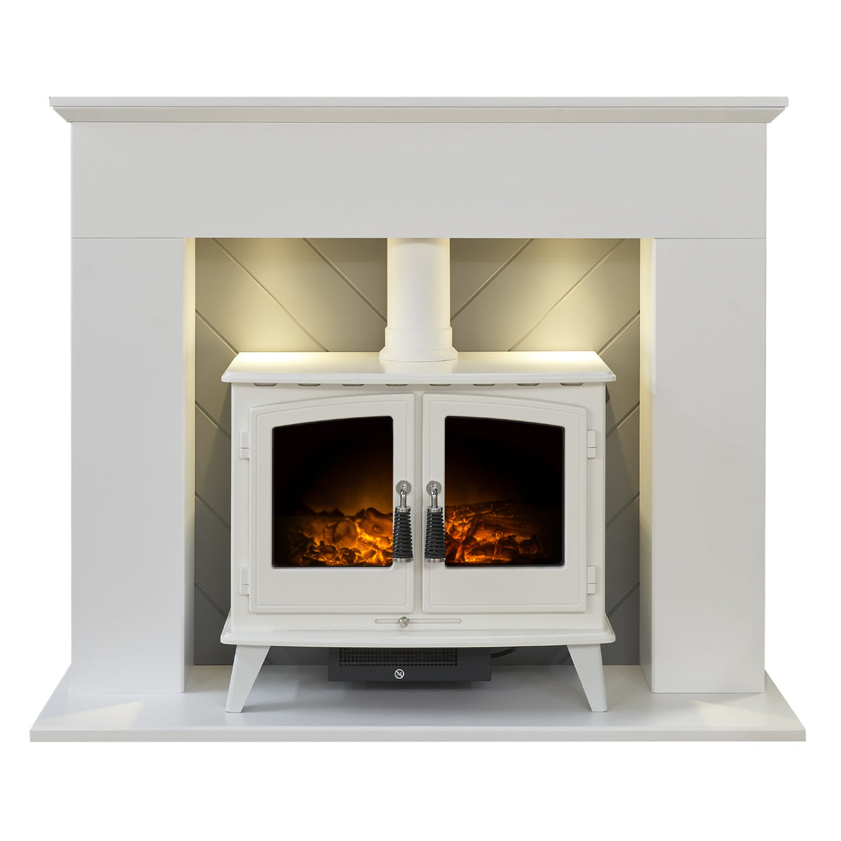 Adam Corinth fireplace with pure white Adam Woodhouse electric stove and pipe, downlights on