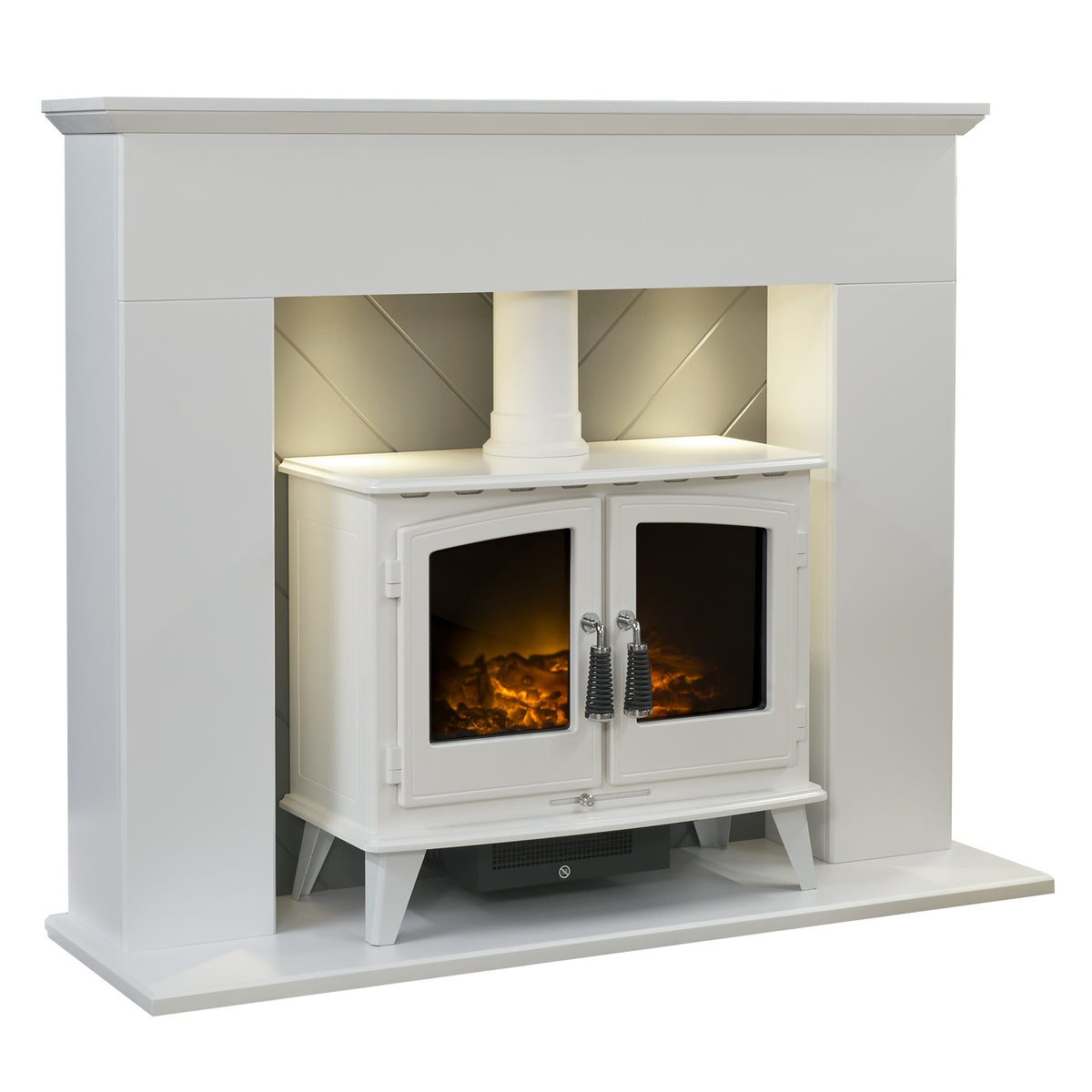 Adam Corinth fireplace with Woodhouse electric stove in pure white, angled view