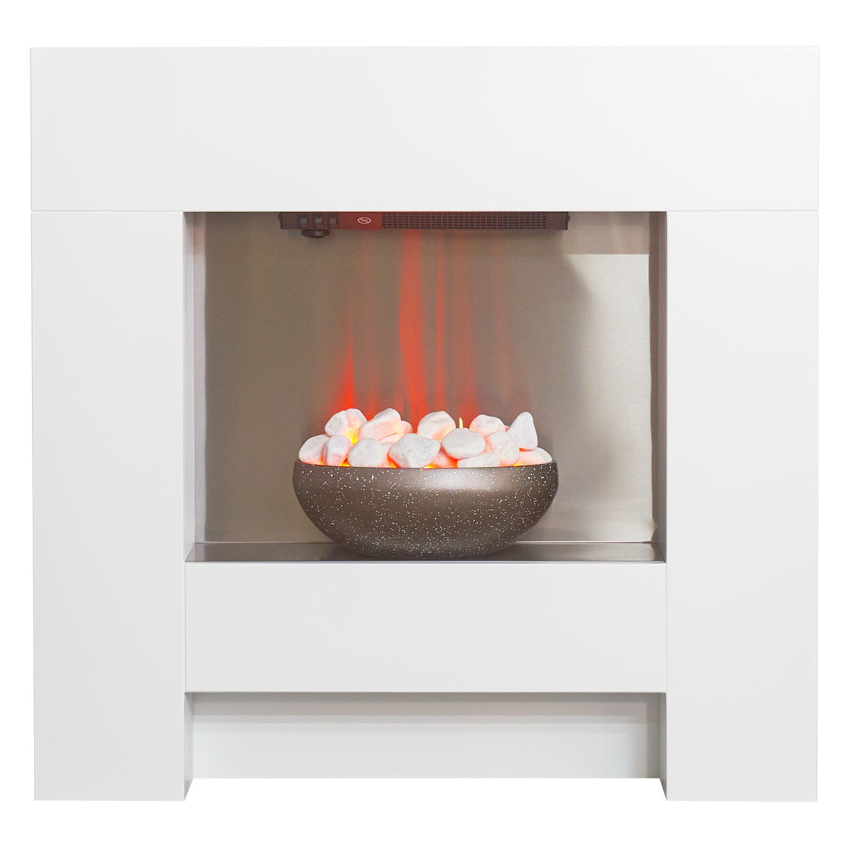 Adam Cubist electric fireplace suite in white, front view with the fire on
