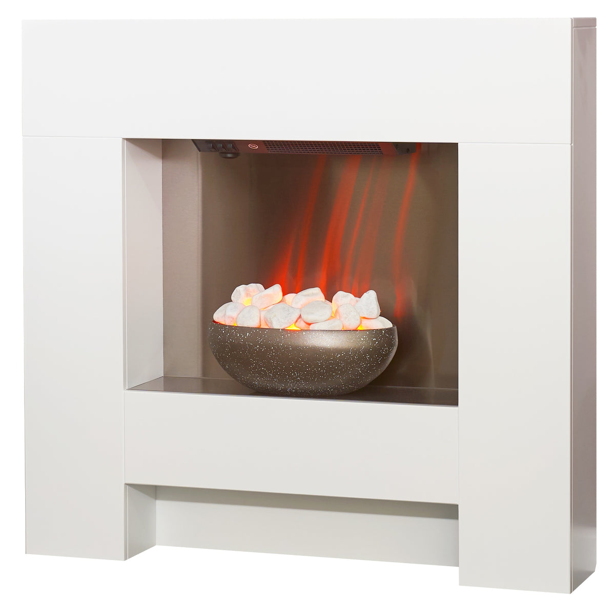 Adam Cubist electric fireplace suite in white, angled view