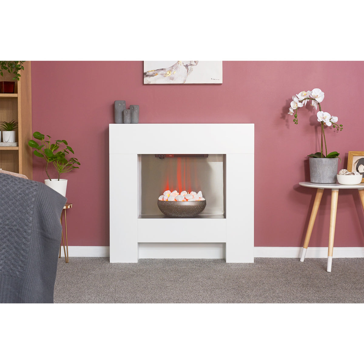 Adam Cubist white electric fireplace suite in a living room