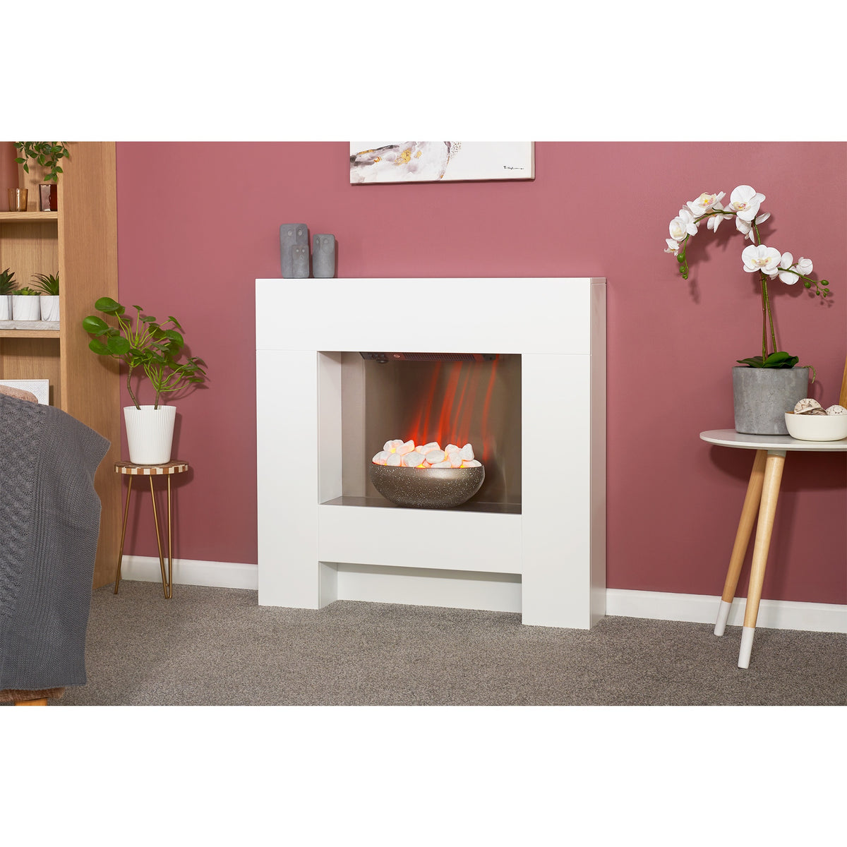 Adam Cubist white electric fireplace suite in a room setting, closer view