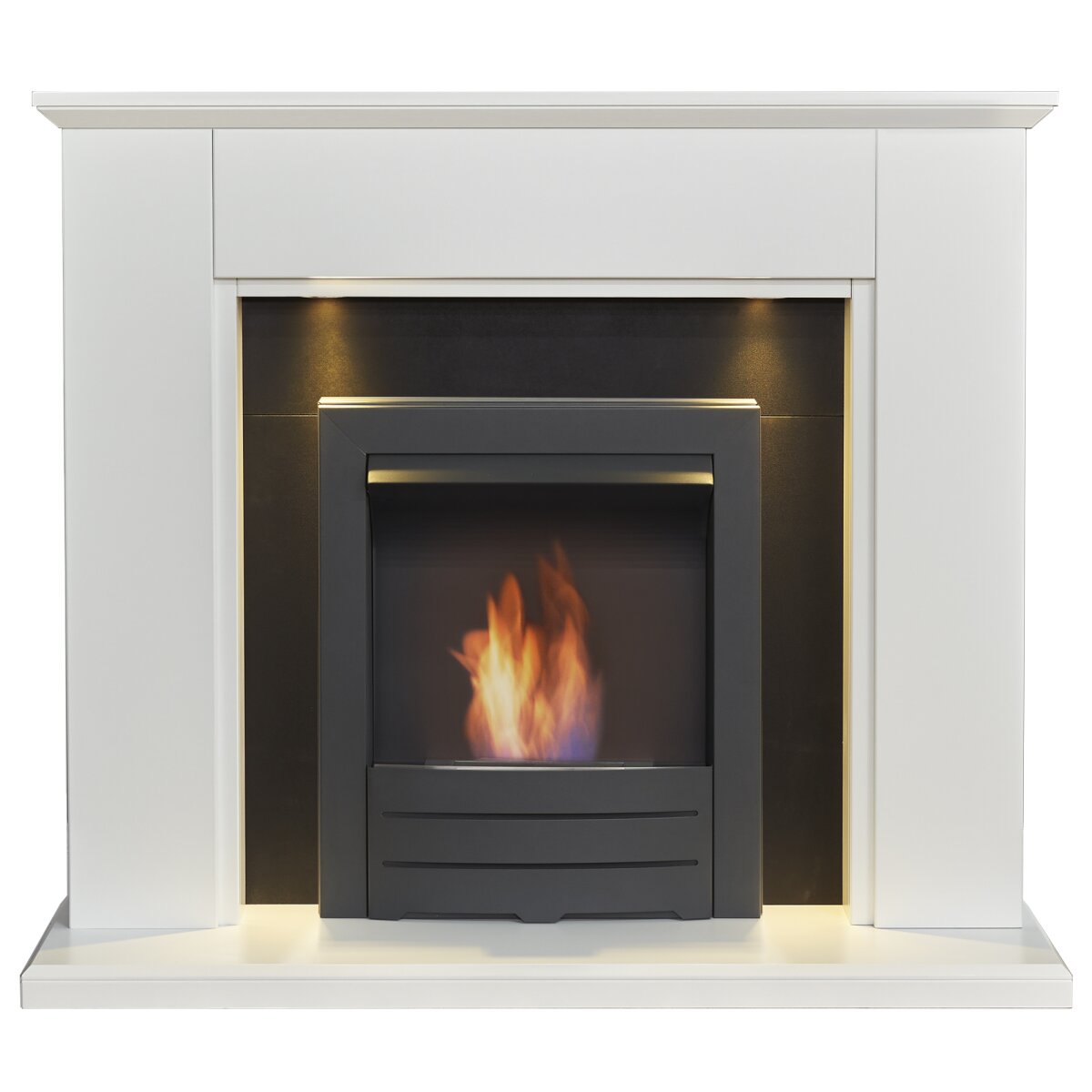 Adam Eltham Fireplace with Downlights & Colorado Bioethanol Fire, Pure White & Black