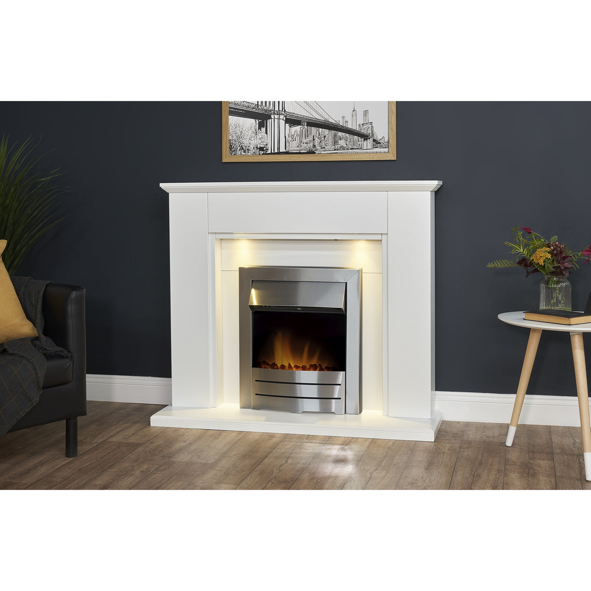 Adam Eltham pure white fireplace suite in a living room setting