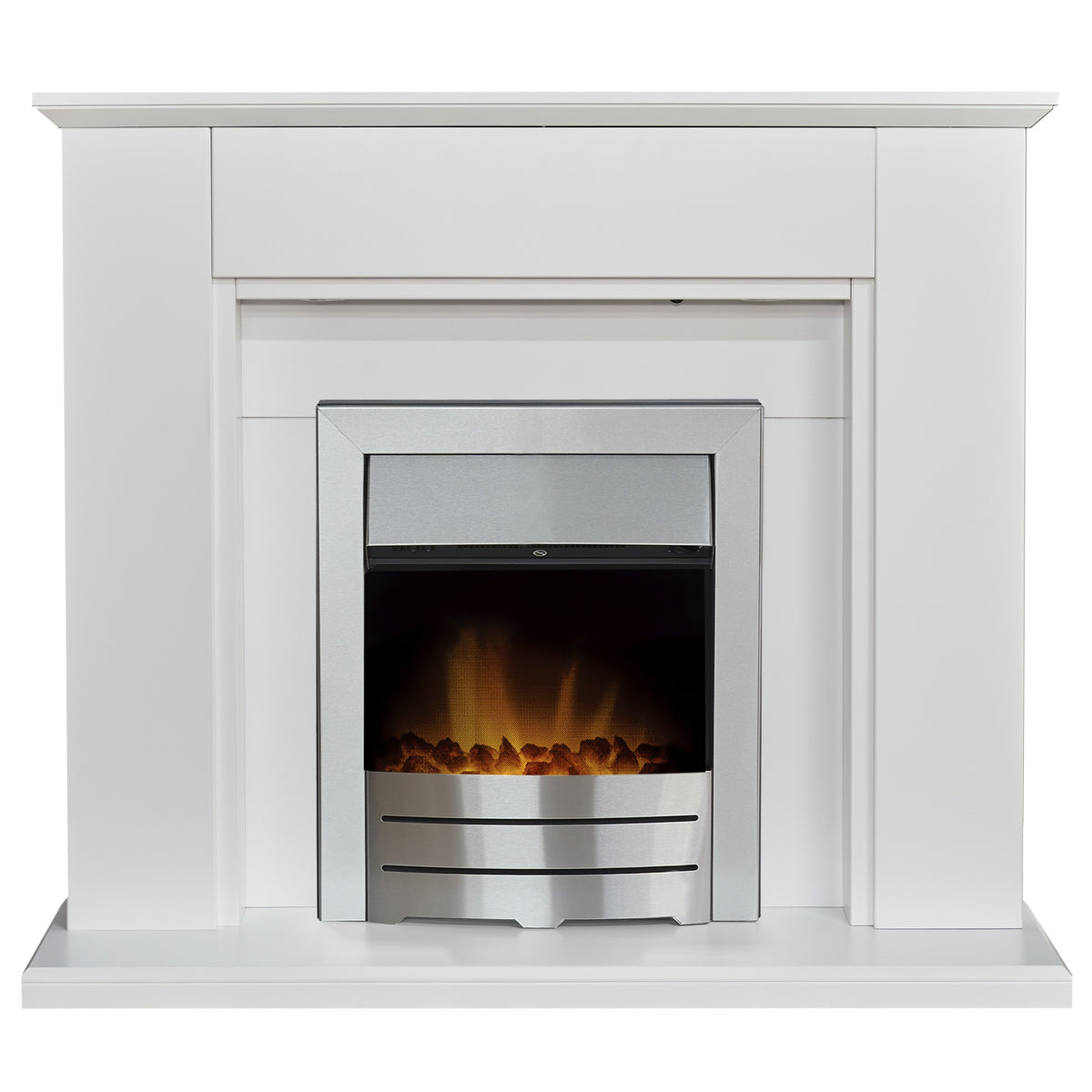 Adam Eltham pure white fireplace suite with brushed steel Colorado fire, front view