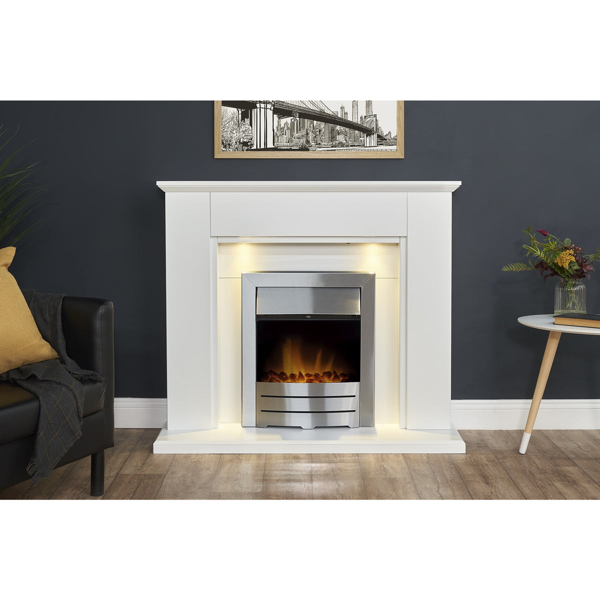 Adam Eltham fireplace suite with downlights and Colorado fire in a living room