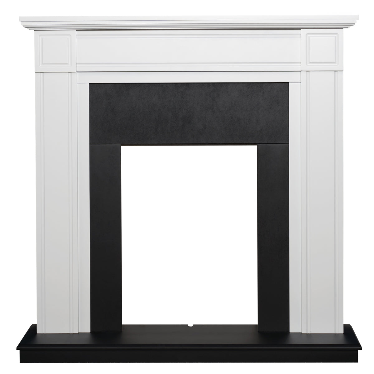 Adam Georgian fireplace surround in pure white with black back panel and hearth, front view