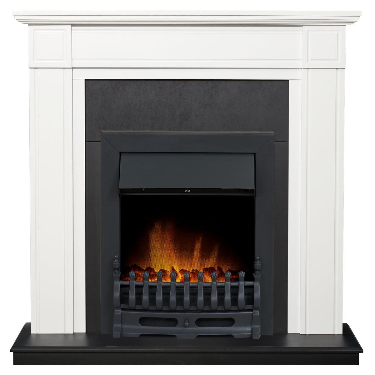 Adam Georgian fireplace in pure white and black with Blenheim electric fire in black, front view