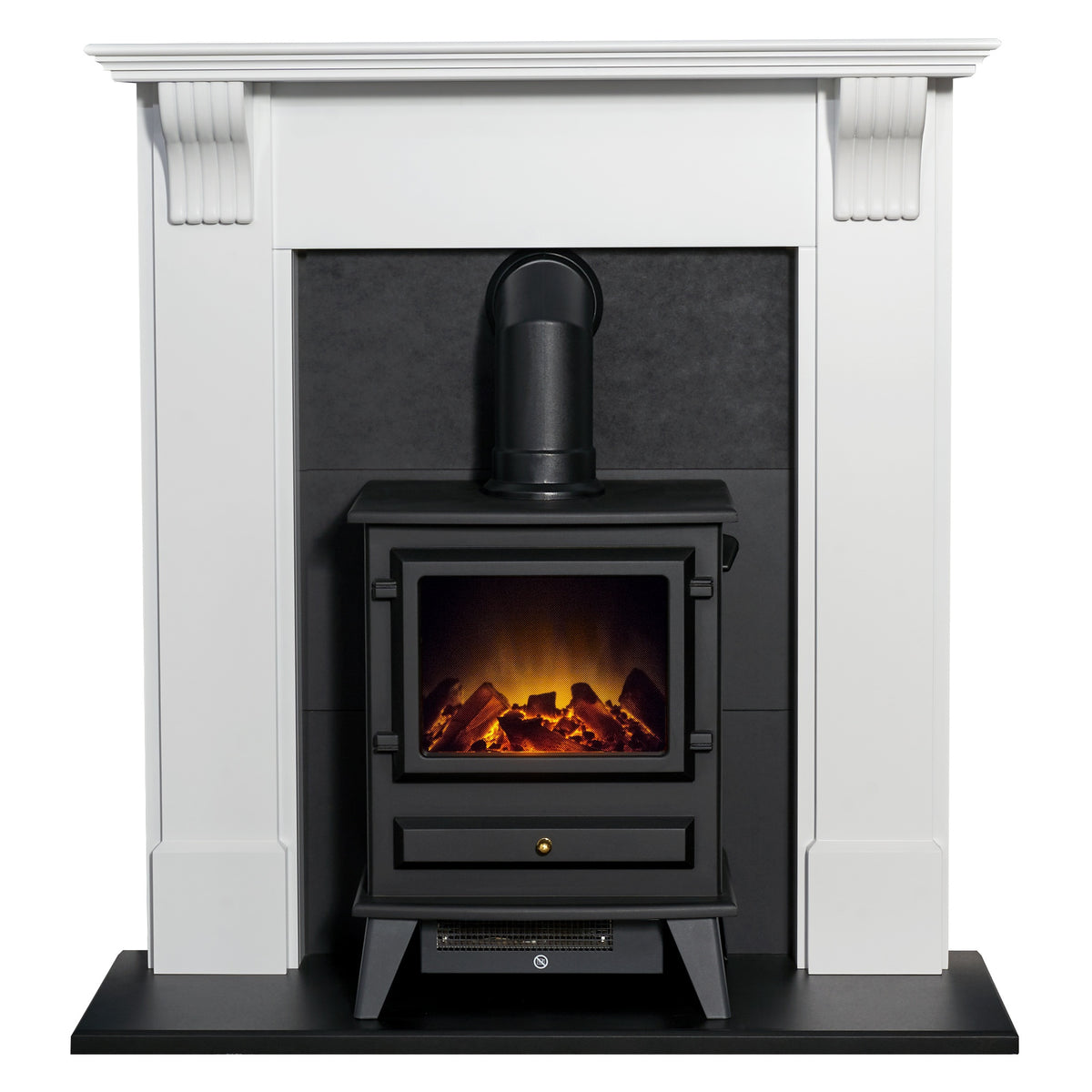 Adam Harrogate fireplace in pure white and black with Hudson electric stove, front view