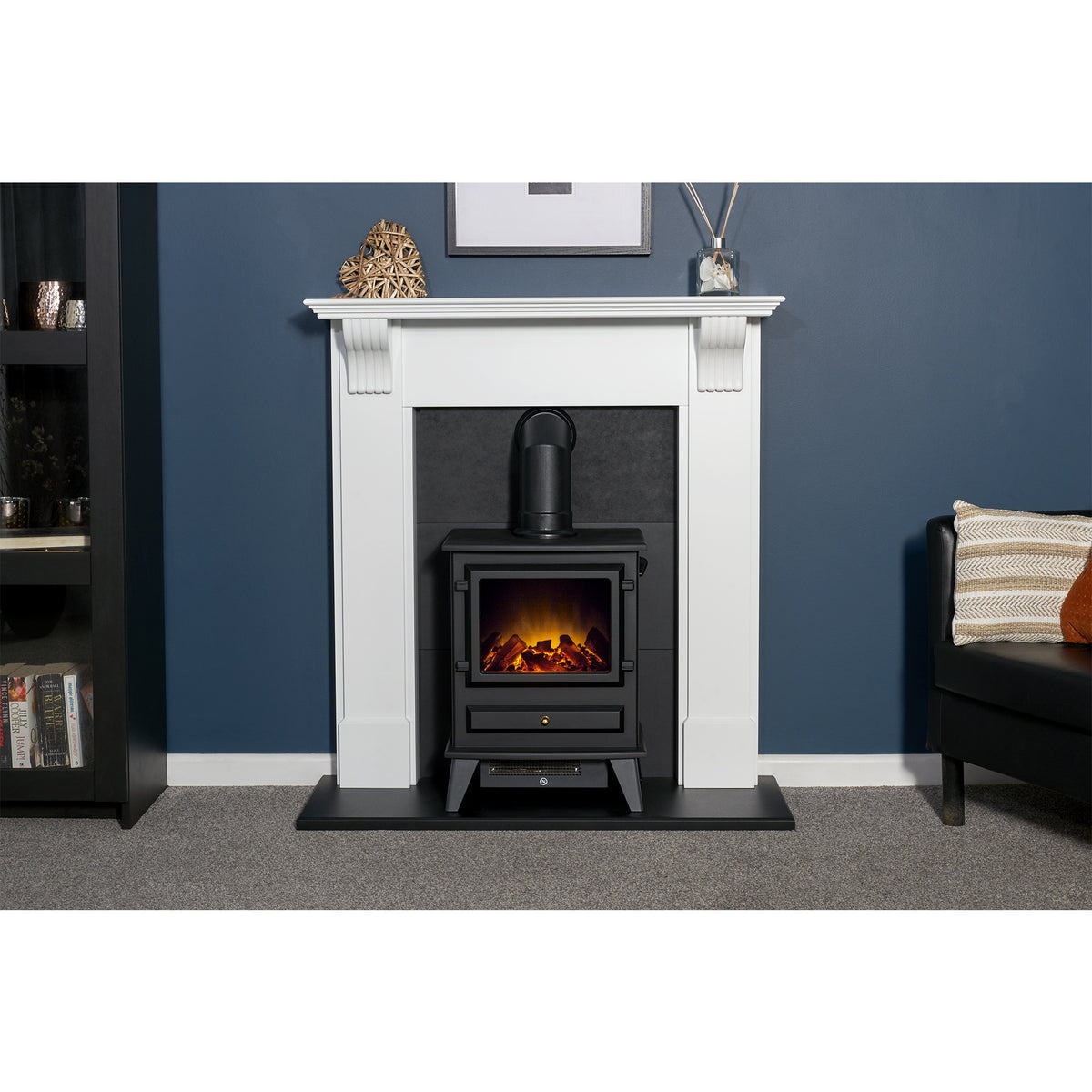 Adam Harrogate pure white fireplace and black Hudson stove, room setting