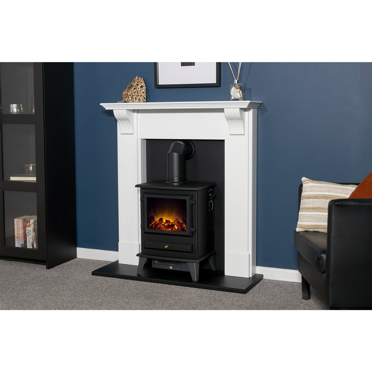 Adam Harrogate fireplace with Hudson electric stove in a living room
