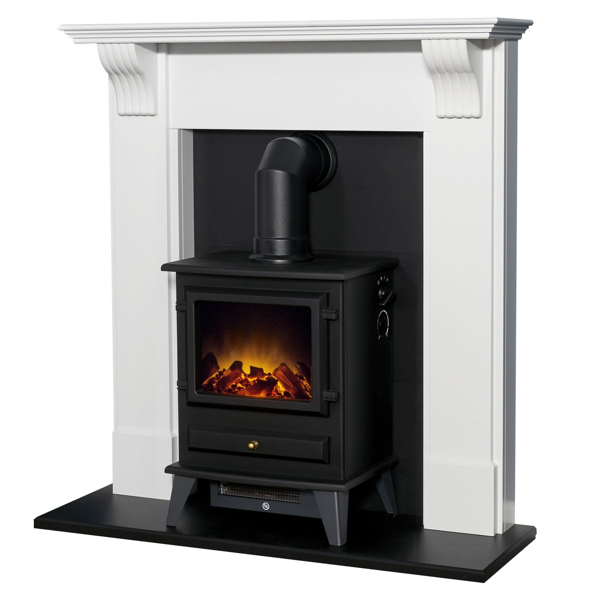 Adam Harrogate stove fireplace with black Hudson electric stove and angled pipe, angled view