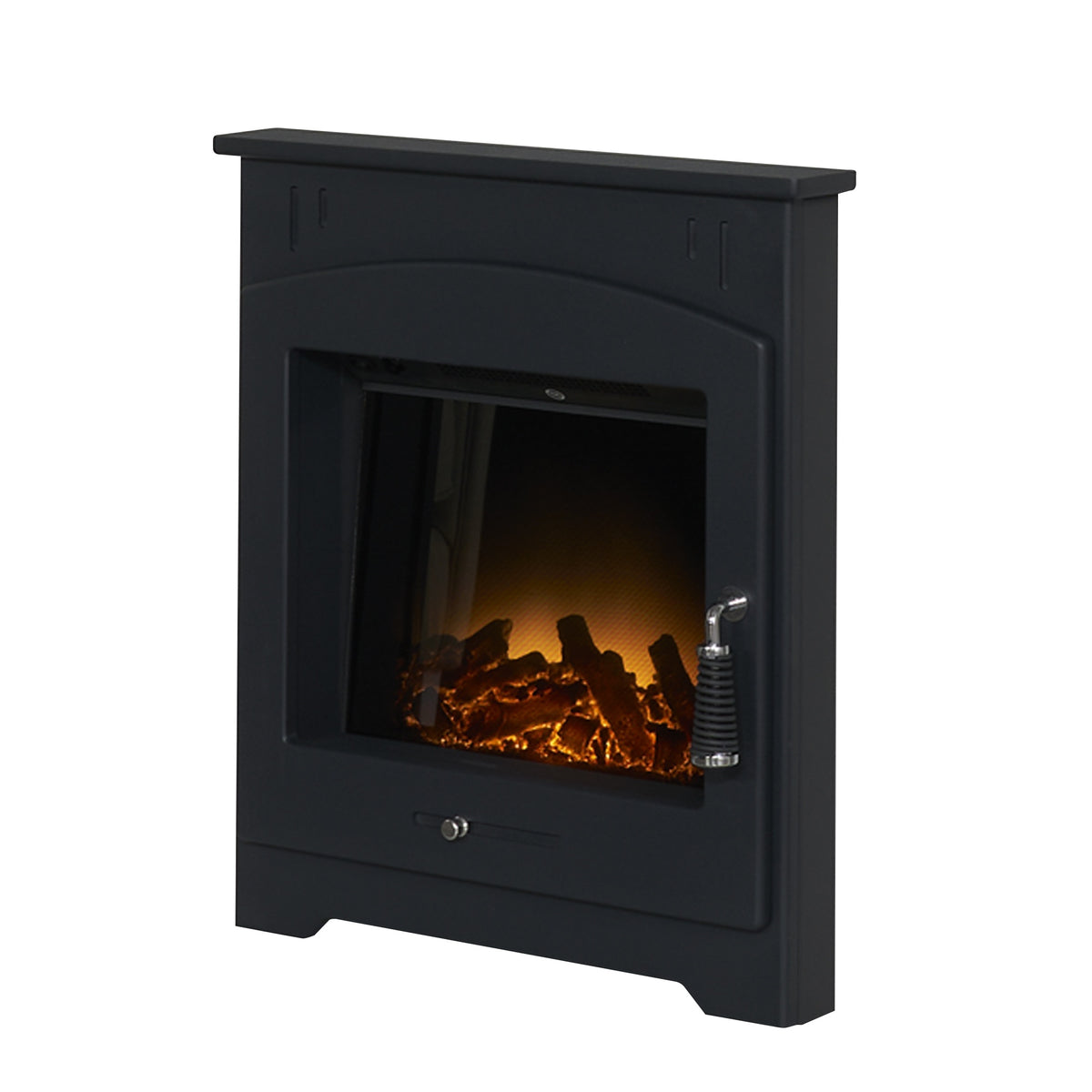 Adam Holston electric inset stove in black, angled view
