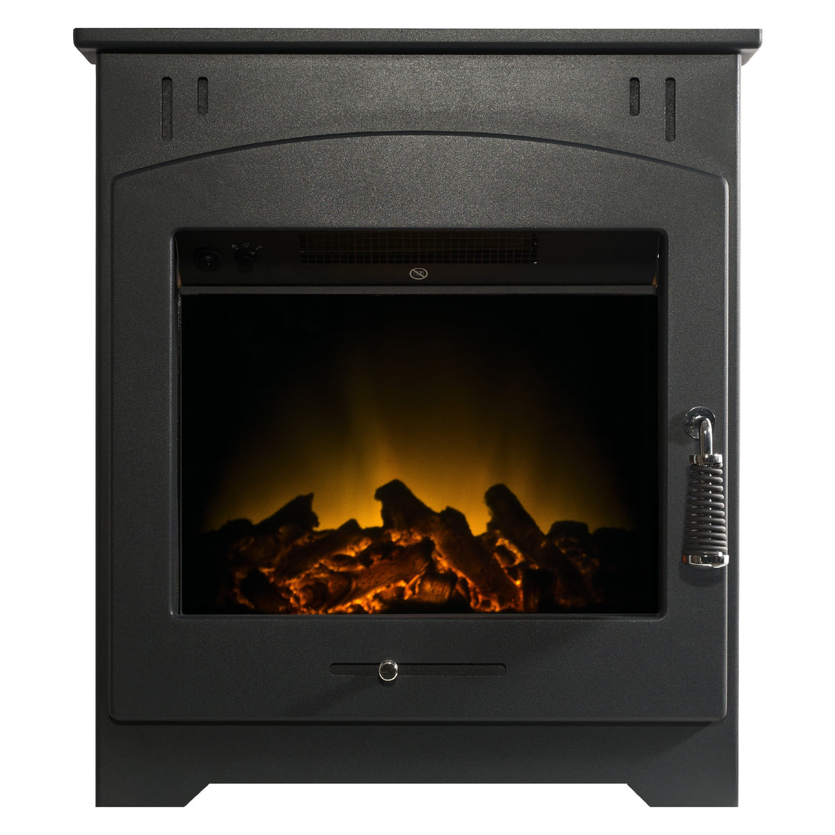 Adam Holston electric inset stove in black, front view with the flame effect on