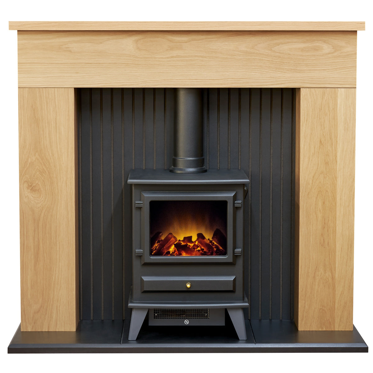 Adam Innsbruck fireplace in oak with black Hudson electric stove, front view