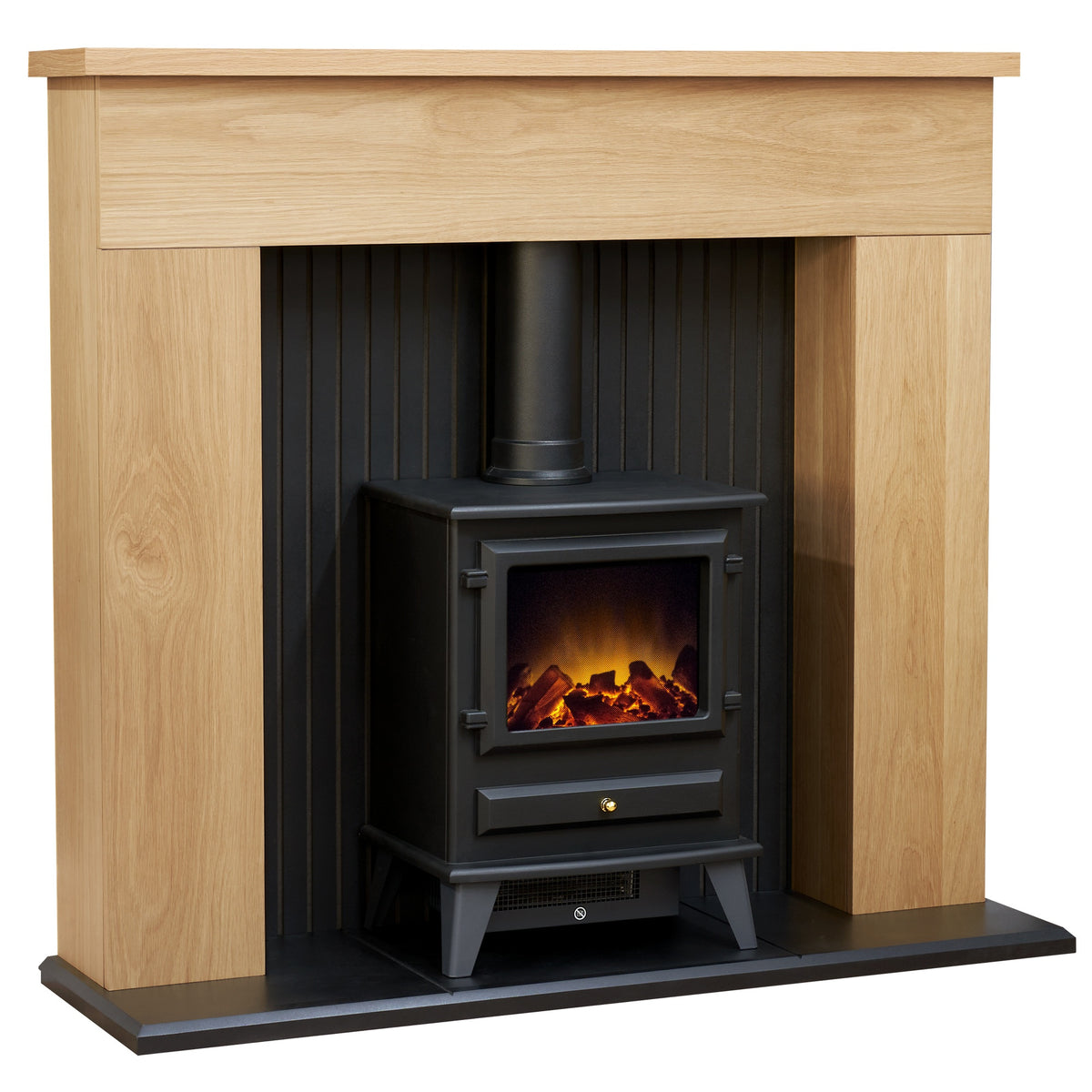 Adam Innsbruck oak fireplace with Hudson electric stove, angled view
